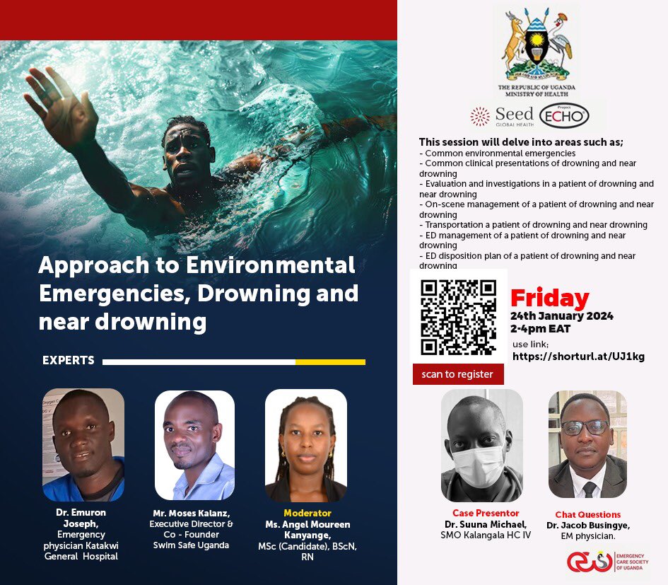 📌SESSION UPDATE📌

Approach to Environmental Emergencies, Drowning and near drowning

Date: Friday 24th January 2024

Time: 2-4 pm EAT

Register in Advance via: echo.zoom.us/meeting/regist…

CPD points will be awarded.
See you then 🫱🏽‍🫲🏾