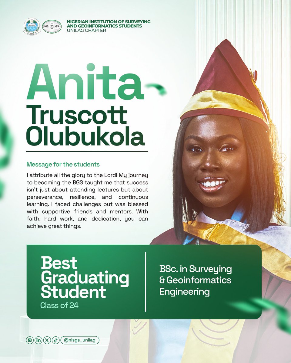 NisgsUnilag's tweet photo. A big congratulations to our First Class Graduates! 🎓🎉🎊
Check thread to see more of our First Class Graduates ⬇️
#UNILAG2024Convocation #nisgs #surveying #surveyingandgeoinformatics #unilag #nisgsunilag #graduates #beststudents https://t.co/zBirm77jmD