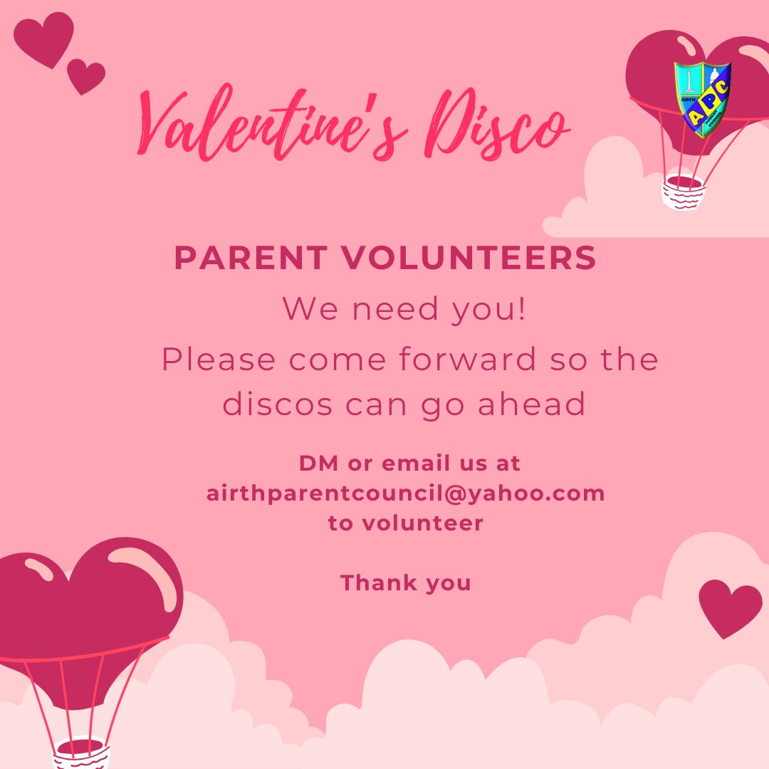 💞Valentine’s Disco💞
Wednesday 12th of February.
We can’t wait to see you all there!
We need volunteers so the discos can go ahead. If you can help out please send us a DM or email us at airthparentcouncil@yahoo.com <a href="/AirthNursery/">Airth Nursery</a> <a href="/airthprimary/">Airth Primary School</a>