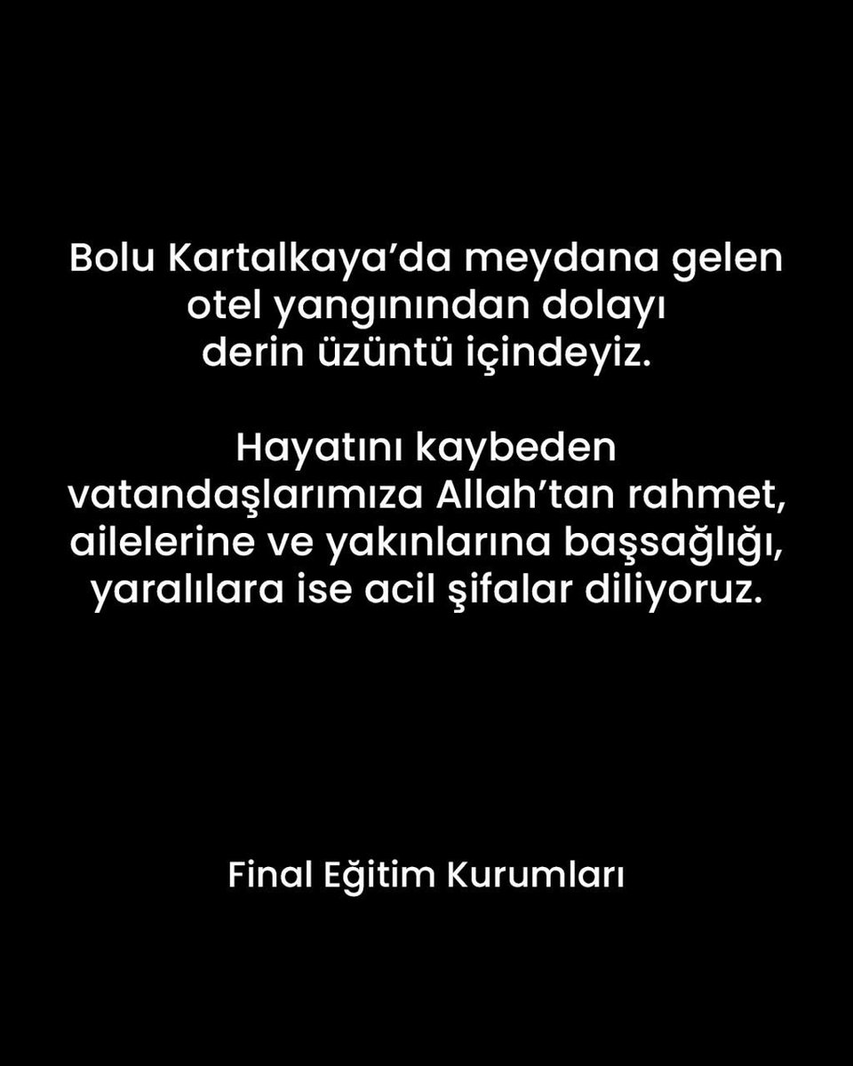 Bolu Kartalkaya’da meydana gelen otel yangınından dolayı derin üzüntü içindeyiz.

Hayatını kaybeden vatandaşlarımıza Allah’tan rahmet, ailelerine ve yakınlarına başsağlığı, yaralılara ise acil şifalar diliyoruz.