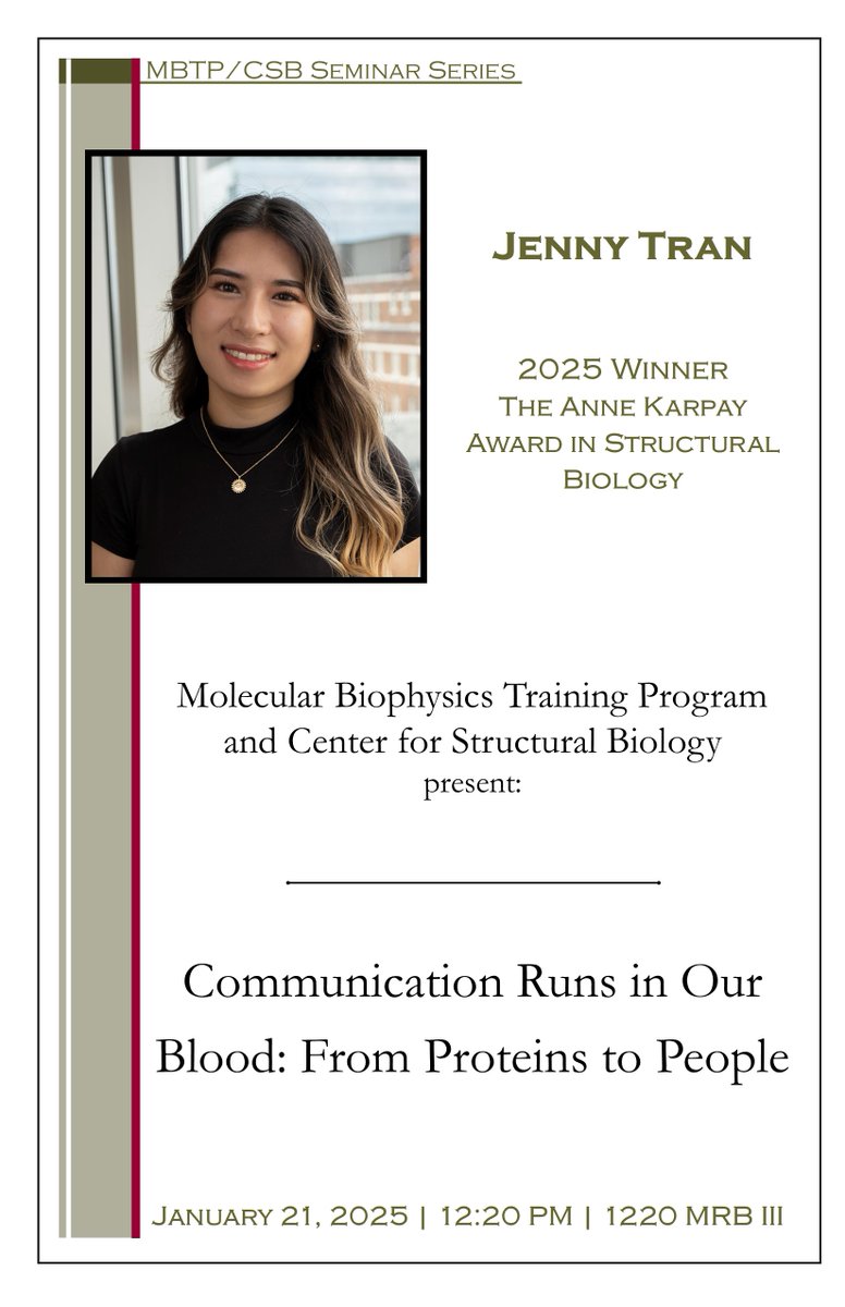 Vanderbilt Biochemistry (@vandybiochem) on Twitter photo Please join us this afternoon as <a href="/tranjenny/">Jenny Tran</a>, of the <a href="/dr_bsquared/">Breann Brown</a> lab, presents the Karpay Award Seminar (12:20 pm, 1220 MRB3). Congratulations Jenny, and we look forward to hearing your talk! Please join us this afternoon as <a href="/tranjenny/">Jenny Tran</a>, of the <a href="/dr_bsquared/">Breann Brown</a> lab, presents the Karpay Award Seminar (12:20 pm, 1220 MRB3). Congratulations Jenny, and we look forward to hearing your talk!