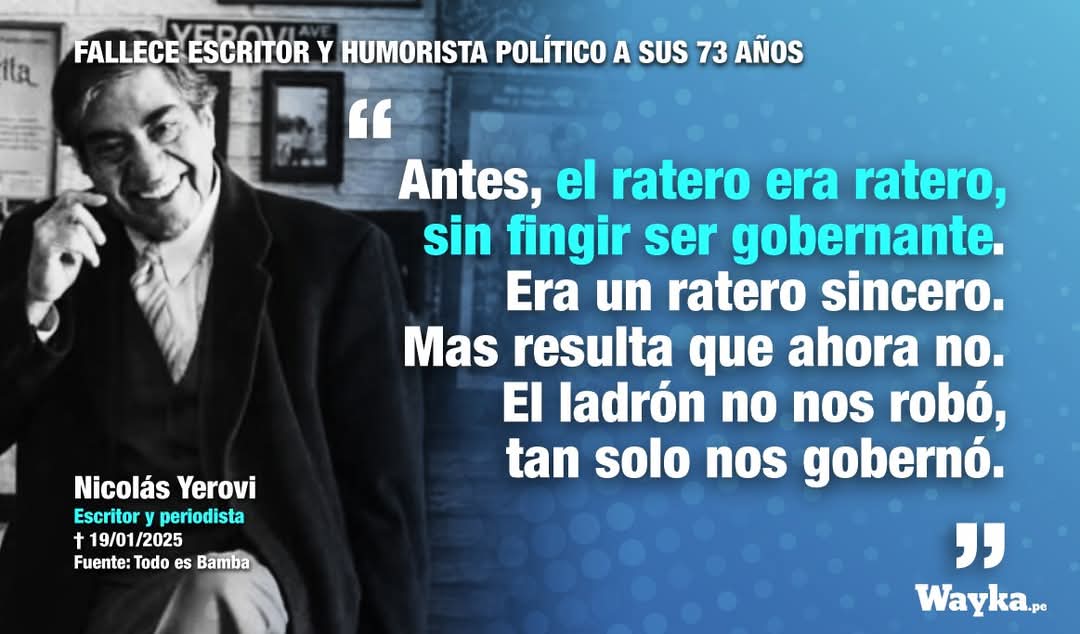 Hoy es el sepelio del gran Nicolás Yerovi: escritor, humorista, periodista, poeta, editor, etc para el cual el <a href="/MinCulturaPe/">Ministerio de Cultura del Perú</a> ni siquiera tuvo un pésame. Leyeron esto y se chantaron el guante 😊😊😁😁
Yerovi quedará en la historia con una sonrisa, y este gobierno con una arcada🤢