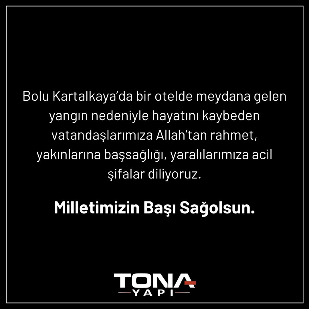 Bolu Kartalkaya’da bir otelde meydana gelen yangın nedeniyle hayatını kaybeden vatandaşlarımıza Allah’tan rahmet, yakınlarına başsağlığı, yaralılarımıza acil şifalar diliyoruz. Milletimizin Başı Sağolsun.