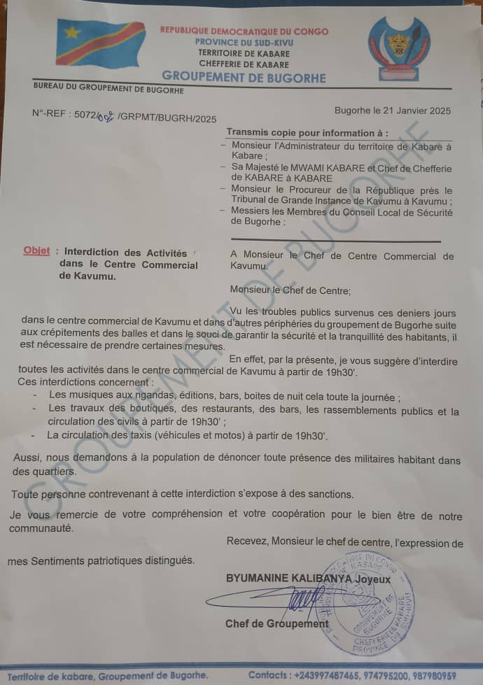 Ibandagrace's tweet photo. #sud_kivu : situation confuse au Sud-Kivu et certaines personnes disent que les militaires #Fardc refusent d'aller au front sans salaires et le Chef d groupement d #Bugorhe prend une mesure interdisant d activités dans le centre commercial de #Kavumu . @PatrickMuyaya @SADC_News https://t.co/CbeWBIfzC1