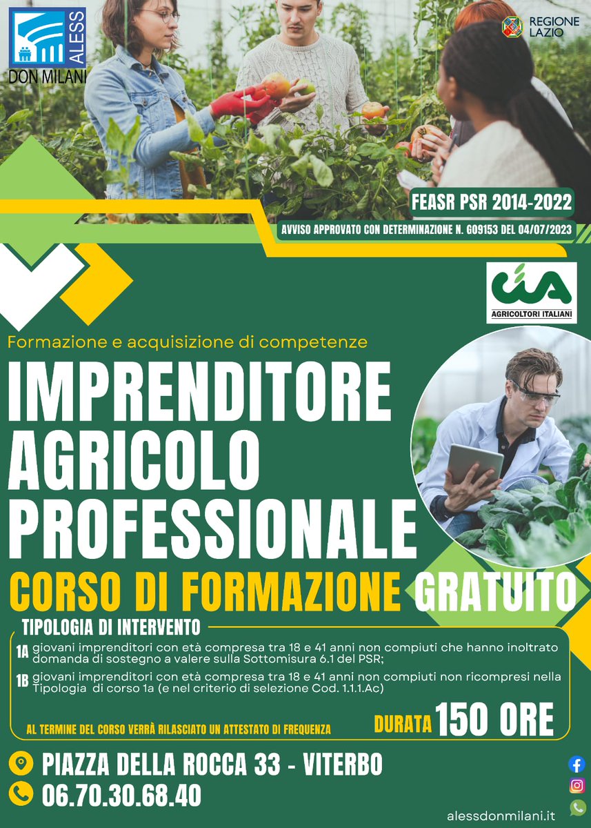 Da sapere 👉 Parte il corso di #formazione gratuito per #Imprenditore agricolo professionale, a #Viterbo 👨‍🌾
Tutti i dettagli ⬇️
