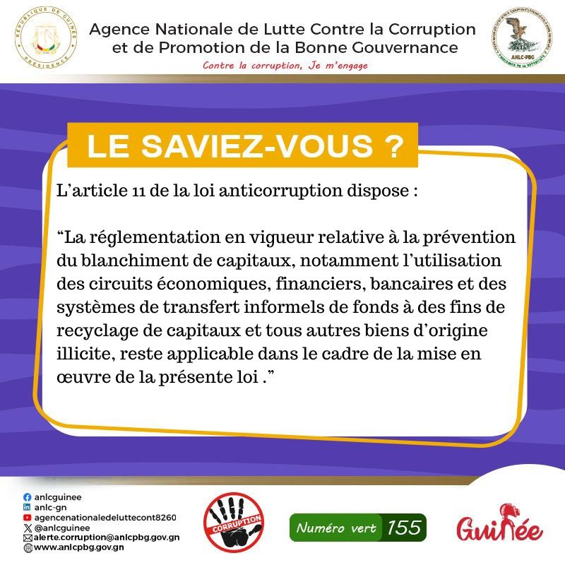 Saviez-vous que le blanchiment des produits de la corruption compromet notre économie et freine le développement?

#ANLC_PBG #CNRD #𝐋𝐮𝐭𝐭𝐞𝐂𝐨𝐧𝐭𝐫𝐞𝐋𝐚𝐂𝐨𝐫𝐫𝐮𝐩𝐭𝐢𝐨𝐧 #contrelacorruptionjemengage #BonneGouvernance #SaviezVous #Guinee