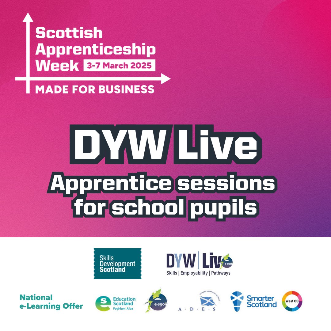 DYWLive (@dywlive) on Twitter photo Apprentices share their own experience of what it’s like to be an apprentice and the help they get to learn skills that support them and their employer.
🔗e-sgoil.com/dyw-live/event…
<a href="/eSgoil/">e-Sgoil</a> <a href="/DYWScot/">DYW Scotland</a> <a href="/skillsdevscot/">Skills Development Scotland</a> #NeLO Apprentices share their own experience of what it’s like to be an apprentice and the help they get to learn skills that support them and their employer.
🔗e-sgoil.com/dyw-live/event…
<a href="/eSgoil/">e-Sgoil</a> <a href="/DYWScot/">DYW Scotland</a> <a href="/skillsdevscot/">Skills Development Scotland</a> #NeLO