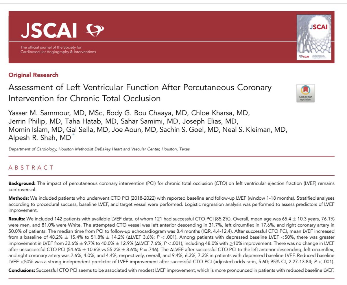 Yasser Sammour (@sammourmd) on Twitter photo Our article about left ventricular function assessment after CTO PCI is now online in <a href="/MyJSCAI/">MyJSCAI</a>
This work is the first product from the <a href="/HMethodistCV/">Houston Methodist CV</a> CTO registry we put together .. more to come soon! <a href="/AlpeshShahMD/">Alpesh Shah M.D.</a>
sciencedirect.com/science/articl… Our article about left ventricular function assessment after CTO PCI is now online in <a href="/MyJSCAI/">MyJSCAI</a>
This work is the first product from the <a href="/HMethodistCV/">Houston Methodist CV</a> CTO registry we put together .. more to come soon! <a href="/AlpeshShahMD/">Alpesh Shah M.D.</a>
sciencedirect.com/science/articl…