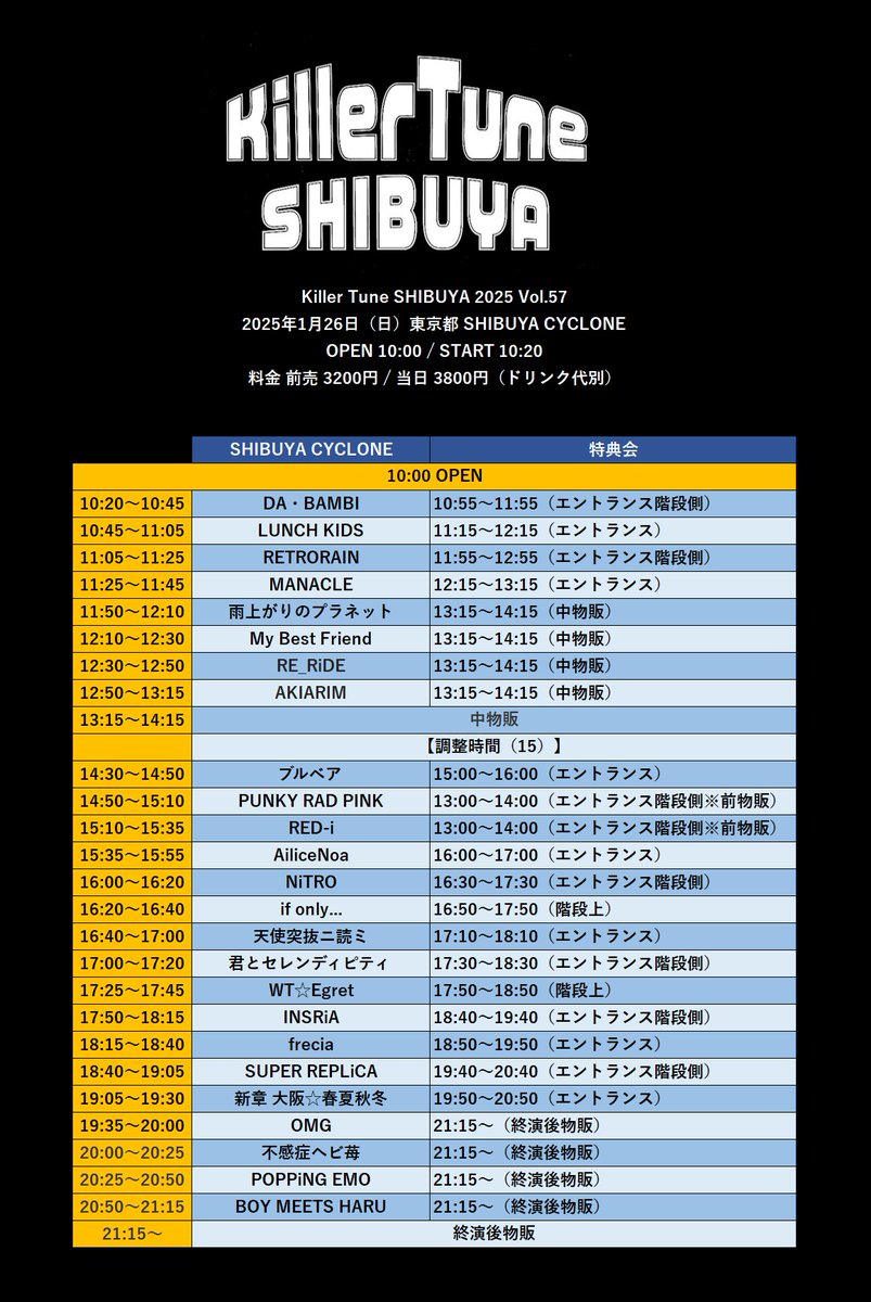 FiftyNext's tweet photo. 【出演追加に伴いタイムテーブル変更アリ！ 】
Killer Tune SHIBUYA 2025 Vol.57
2025年1月26日（日）東京都 SHIBUYA CYCLONE
OPEN 10:00 / START 10:20
料金 前売 3200円 / 当日 3800円（ドリンク代別）
https://t.co/IhlsDMomb9
※WT☆Egretが追加になりました https://t.co/2AhKfrqGsY