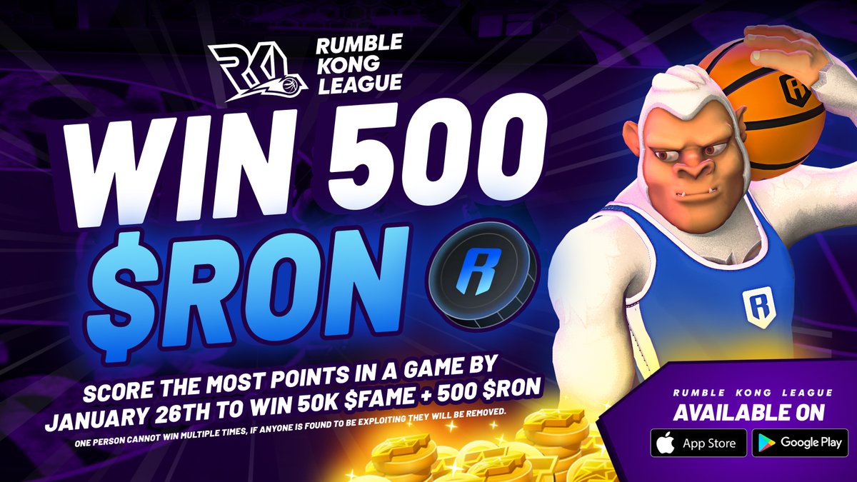 RumbleKongs's tweet photo. Drop Buckets, Win $RON & $FAME 💰

Light up the court and score the most points in a single League game to cash in 50k $FAME + 500 $RON 🏆

Got what it takes to dominate the leaderboard & claim your spot as the top dog? 🔥

Check out the full details below 👇