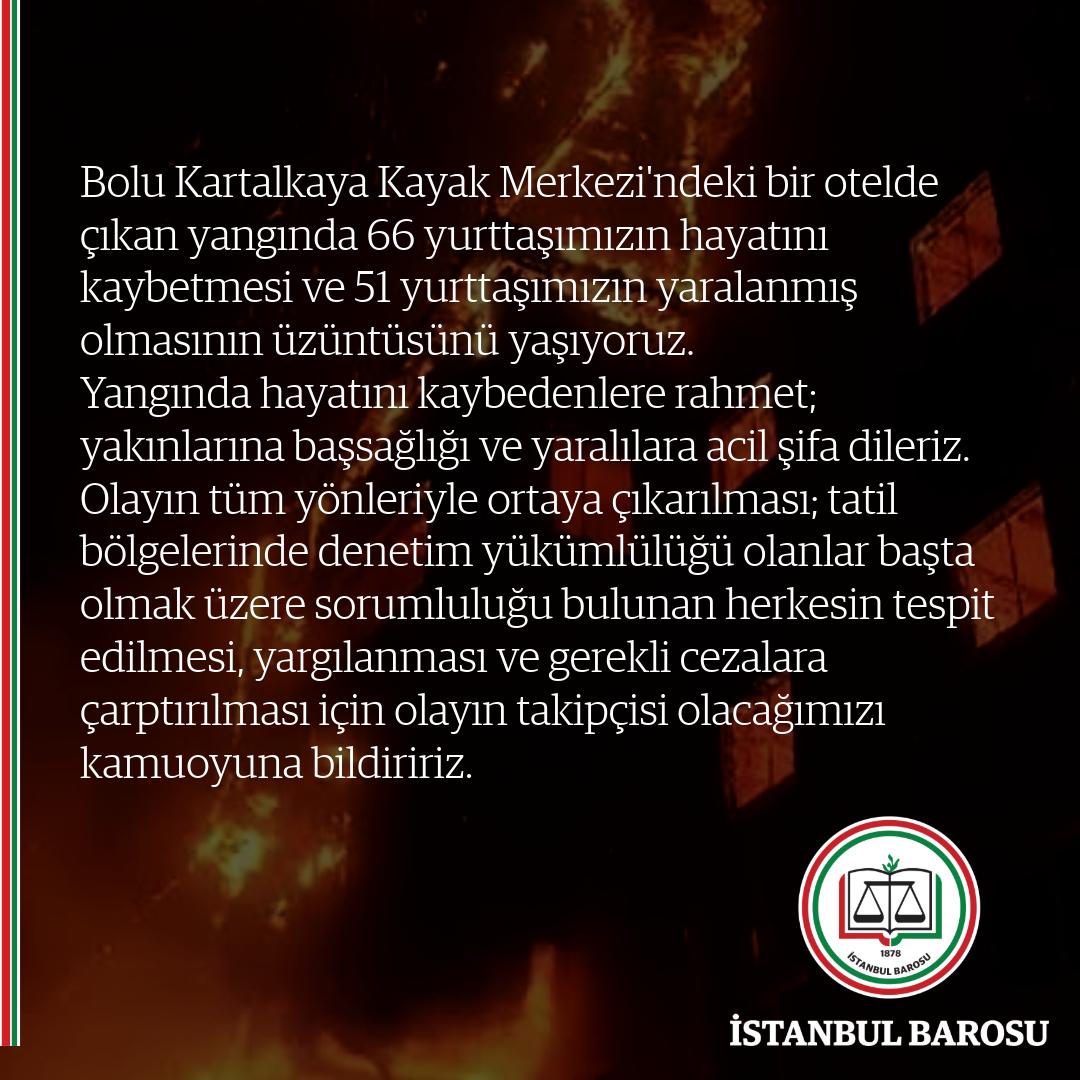 Bolu Kartalkaya Kayak Merkezi'ndeki bir otelde çıkan yangında 66 yurttaşımızın hayatını kaybetmesi ve 51 yurttaşımızın yaralanmış olmasının üzüntüsünü yaşıyoruz.
Yangında hayatını kaybedenlere rahmet; yakınlarına başsağlığı ve yaralılara acil şifa dileriz.
Olayın tüm yönleriyle