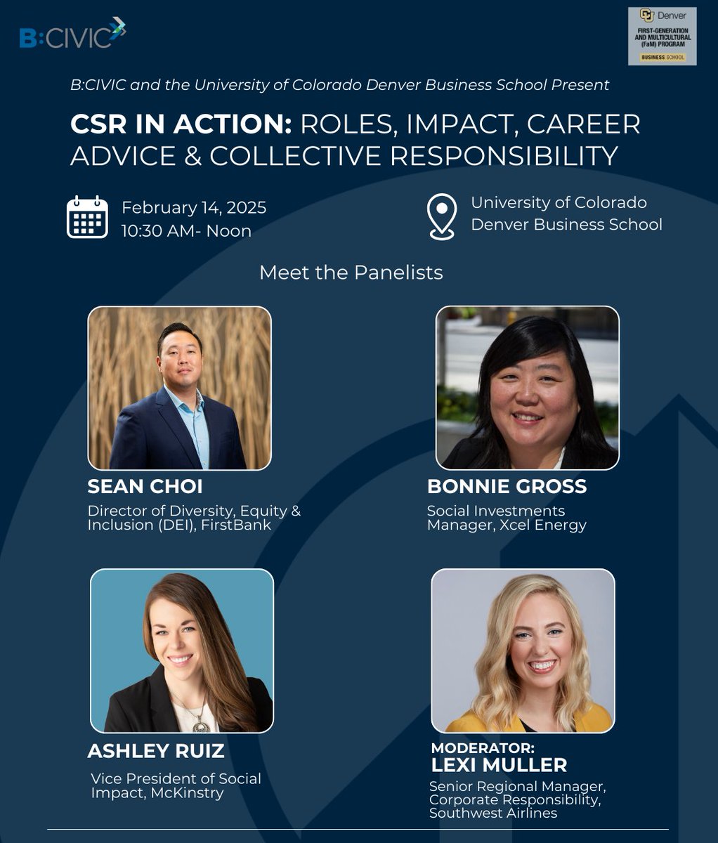 Join us on Feb. 14 for CSR in Action: Roles, Impact, Career Advice &amp; Collective Responsibility! 
We're partnering with the FaM Program at CU Denver Business School for an insightful event on the careers in the #CSR field. 
Register Today: ow.ly/T4OI50UI5Uk