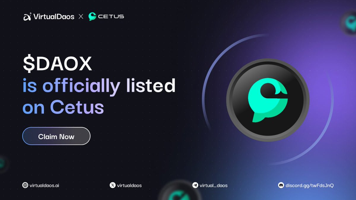 virtualdaos's tweet photo. 🎉 $DAOX is now officially listed on @CetusProtocol! The moment we've all been waiting for is here! 
 
🤖 CA: 0xc7b842347b0fbebabdee379414e874abc7fc5294b1e08961baa32e501ebedb48::daox::DAOX

Don’t forget to claim your $DAOX at https://t.co/9s3uYwdX6D https://t.co/nU7cXJfuD7