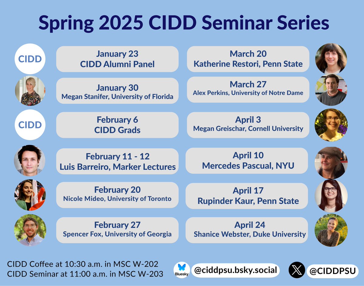 CIDD (@ciddpsu) on Twitter photo 🌸 The Wait is Over! 🌸
Our Spring 2025 CIDD Seminar Schedule is here. Featuring talks from <a href="/Megan_Stanifer/">Megan Stanifer</a>, <a href="/LB_Barreiro/">Luis B Barreiro</a>, <a href="/nmideo/">Nicole Mideo</a>, <a href="/FoxandtheFlu/">Spencer J. Fox</a>, <a href="/TAlexPerkins/">Alex Perkins</a>, <a href="/KaurTweets/">Rupinder Kaur, PhD</a>, <a href="/shanice_webb/">shanice webb</a>, and many more! 🌸 The Wait is Over! 🌸
Our Spring 2025 CIDD Seminar Schedule is here. Featuring talks from <a href="/Megan_Stanifer/">Megan Stanifer</a>, <a href="/LB_Barreiro/">Luis B Barreiro</a>, <a href="/nmideo/">Nicole Mideo</a>, <a href="/FoxandtheFlu/">Spencer J. Fox</a>, <a href="/TAlexPerkins/">Alex Perkins</a>, <a href="/KaurTweets/">Rupinder Kaur, PhD</a>, <a href="/shanice_webb/">shanice webb</a>, and many more!