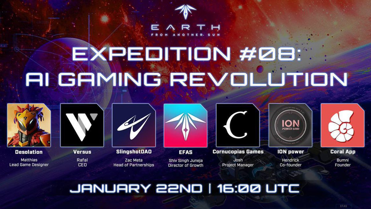ATTENTION COMMANDERS! 

The State summons you to witness a new beginning.

EXPEDITION #08: AI GAMING REVOLUTION

The finest minds in gaming and artificial intelligence converge for strategic deployment.
Time: January 22nd, 16:00 UTC
Location: x.com/i/spaces/1ynJO…

Join our