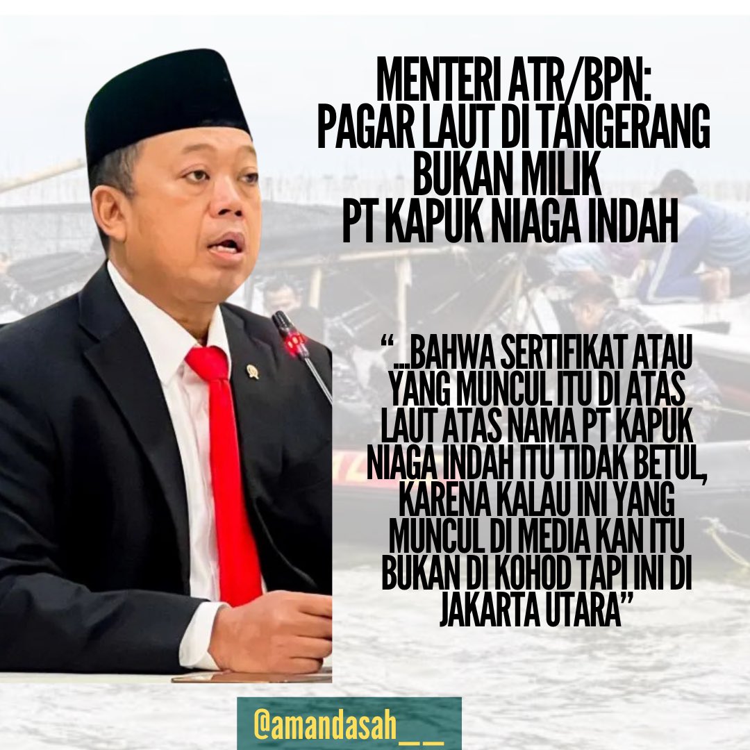 Misteri Pagar Laut Mulai Terang Benderang

Kemarin menteri ATR/BPN sepertinya menjadi perwakilan pemerintah yg mulai bisa memperjelas soal pagar laut, karena Nusron memaparkan ternyata wilayah pagar laut ada SHGBnya. 

Saat ini Nusron bersama tim sedang mengusut status SHGB ini