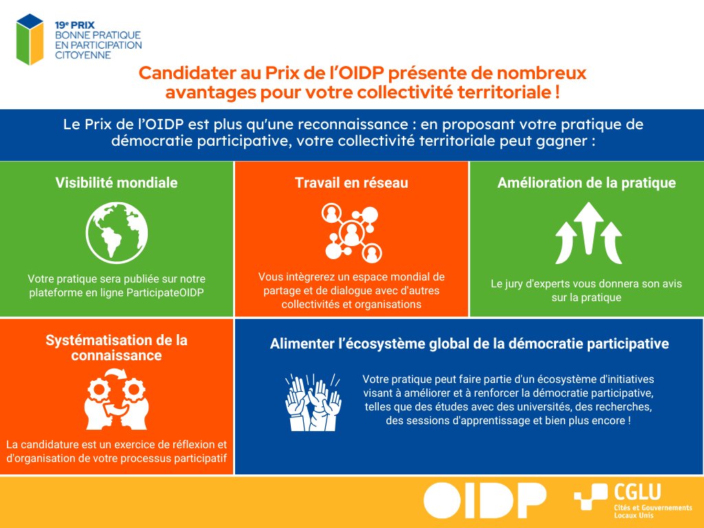 oidp_org's tweet photo. 📢Dernier appel pour le 19e #PrixOIDP !
Soumettez vos meilleures pratiques dans 5⃣ catégories :
🕊️Communautés démocratiques et pacifiques
🛝Urbanisme et espace public
💜#Genre et soin
🍃Transition écologique
📲#CivicTech
⏰Jusqu'au 31 janvier
🔗https://t.co/wd8sVXGJ8A https://t.co/PxPAYDhXlF