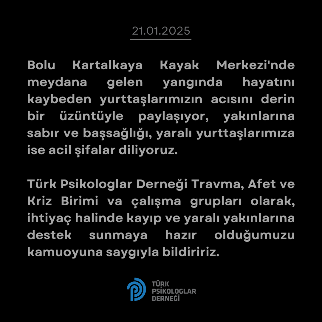 Bolu Kartalkaya Kayak Merkezi'nde meydana gelen yangında hayatını kaybeden yurttaşlarımızın acısını derin bir üzüntüyle paylaşıyor, yakınlarına sabır ve başsağlığı, yaralı yurttaşlarımıza ise acil şifalar diliyoruz.