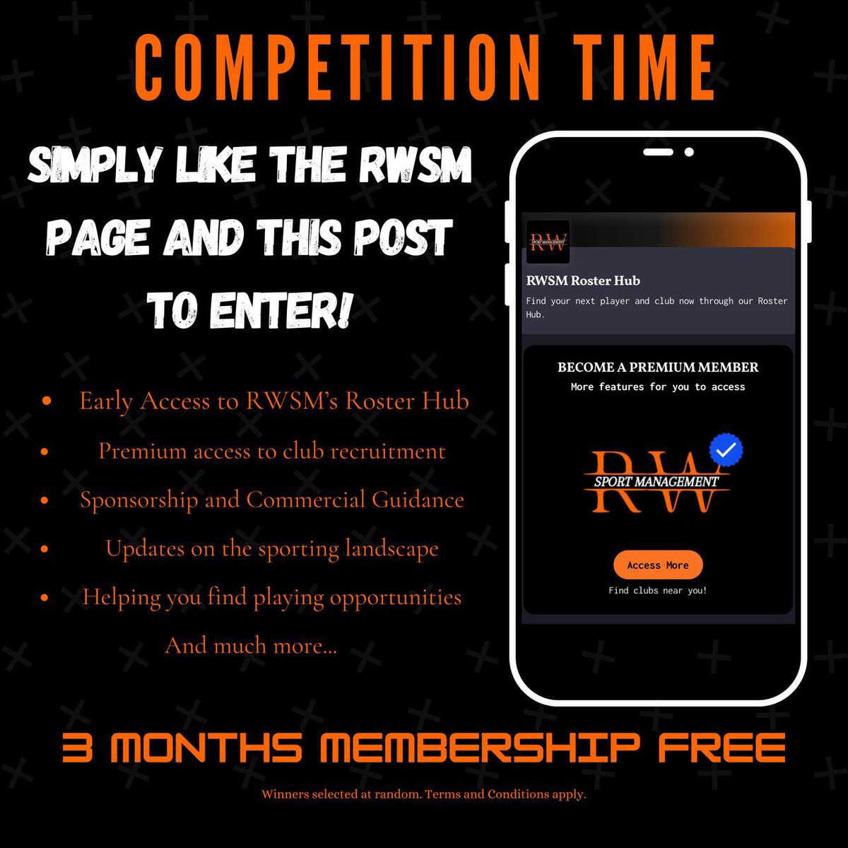 𝗖𝗢𝗠𝗣𝗘𝗧𝗜𝗧𝗜𝗢𝗡 𝗧𝗜𝗠𝗘!

With RWSM’s very own Roster Hub to be launched very soon, we would like to offer 10x free memberships for 3 months, allowing access to RWSM facilities and services, helping them speak with clubs and find their next step of their sporting career.