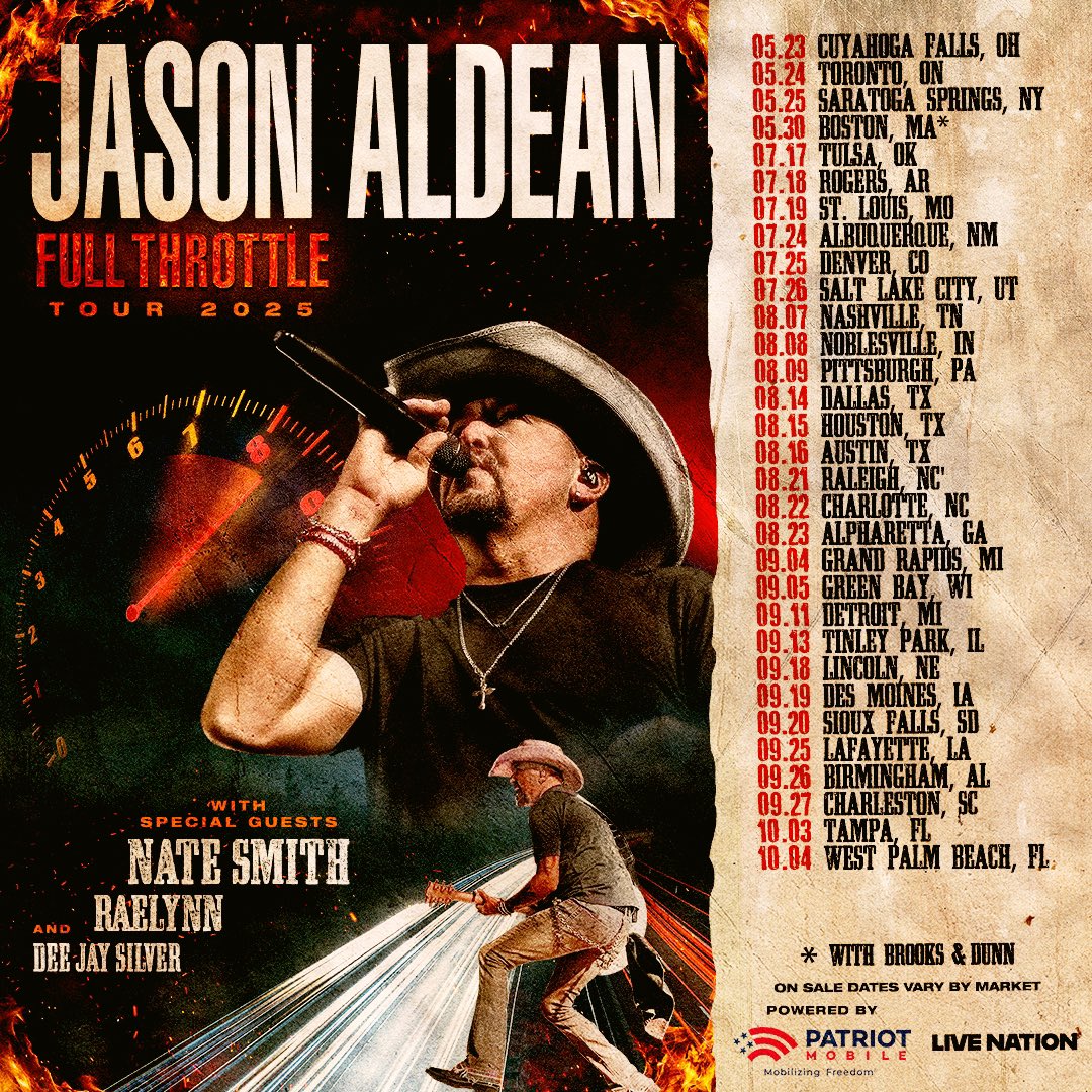 Jason Aldean (@jason_aldean) on Twitter photo FULL THROTTLE TOUR 2025 💥 powered by <a href="/PatriotMobile/">Patriot Mobile 🇺🇸</a> with special guests <a href="/natesmithsongs/">Nate Smith</a>, <a href="/RaeLynn/">RAELYNN</a> & <a href="/deejaysilver1/">Dee Jay Silver</a>! Tickets on sale starting THIS Friday, January 24 at 10AM local.
Aldean Army fan club members, u guys are up first! Join at jasonaldean.com/join FULL THROTTLE TOUR 2025 💥 powered by <a href="/PatriotMobile/">Patriot Mobile 🇺🇸</a> with special guests <a href="/natesmithsongs/">Nate Smith</a>, <a href="/RaeLynn/">RAELYNN</a> & <a href="/deejaysilver1/">Dee Jay Silver</a>! Tickets on sale starting THIS Friday, January 24 at 10AM local.
Aldean Army fan club members, u guys are up first! Join at jasonaldean.com/join