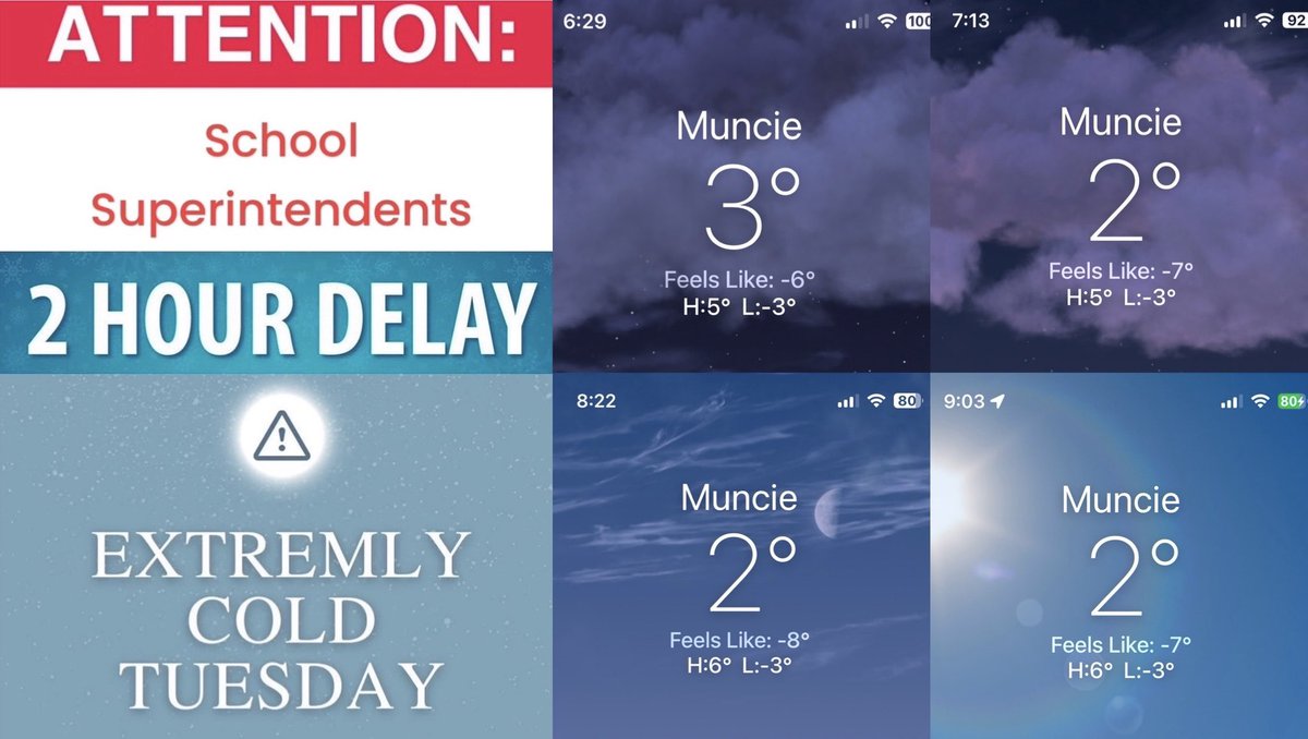 dannyamy10's tweet image. This goes out to all Indiana School Superintendents. A 2 delay only makes sense if the weather or temperatures will improve after the 2 hour delay. Come on it’s basic math……#twohourdelay #elearningday #SchoolDelay #polarvortex #IndianaSchools #schoolsuperintendents