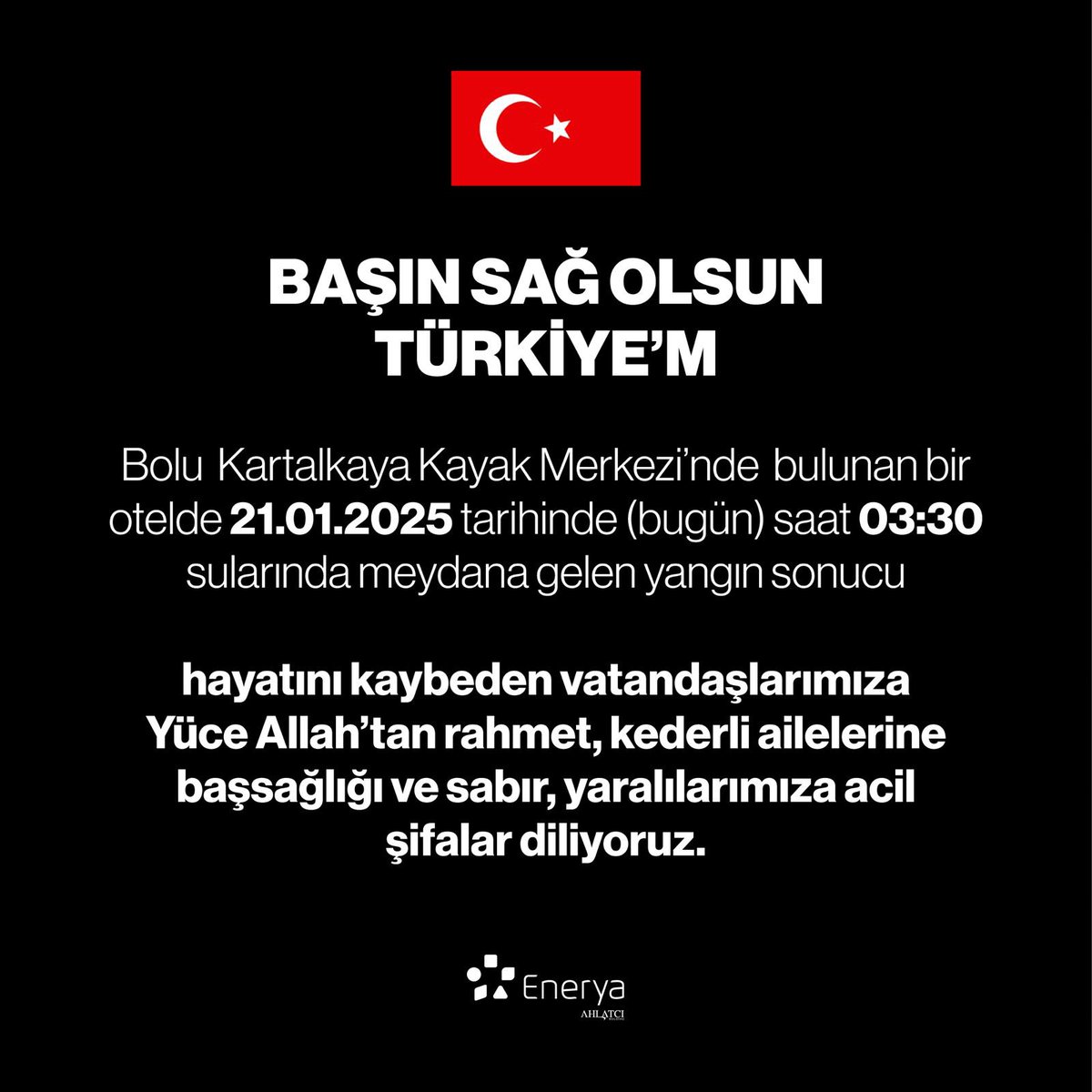 Bolu Kartalkaya Kayak Merkezi’nde bulunan bir otelde meydana gelen yangın sonucu hayatını kaybeden vatandaşlarımıza Allah’tan rahmet, kederli ailelerine sabır, yaralılarımıza acil şifalar diliyoruz.