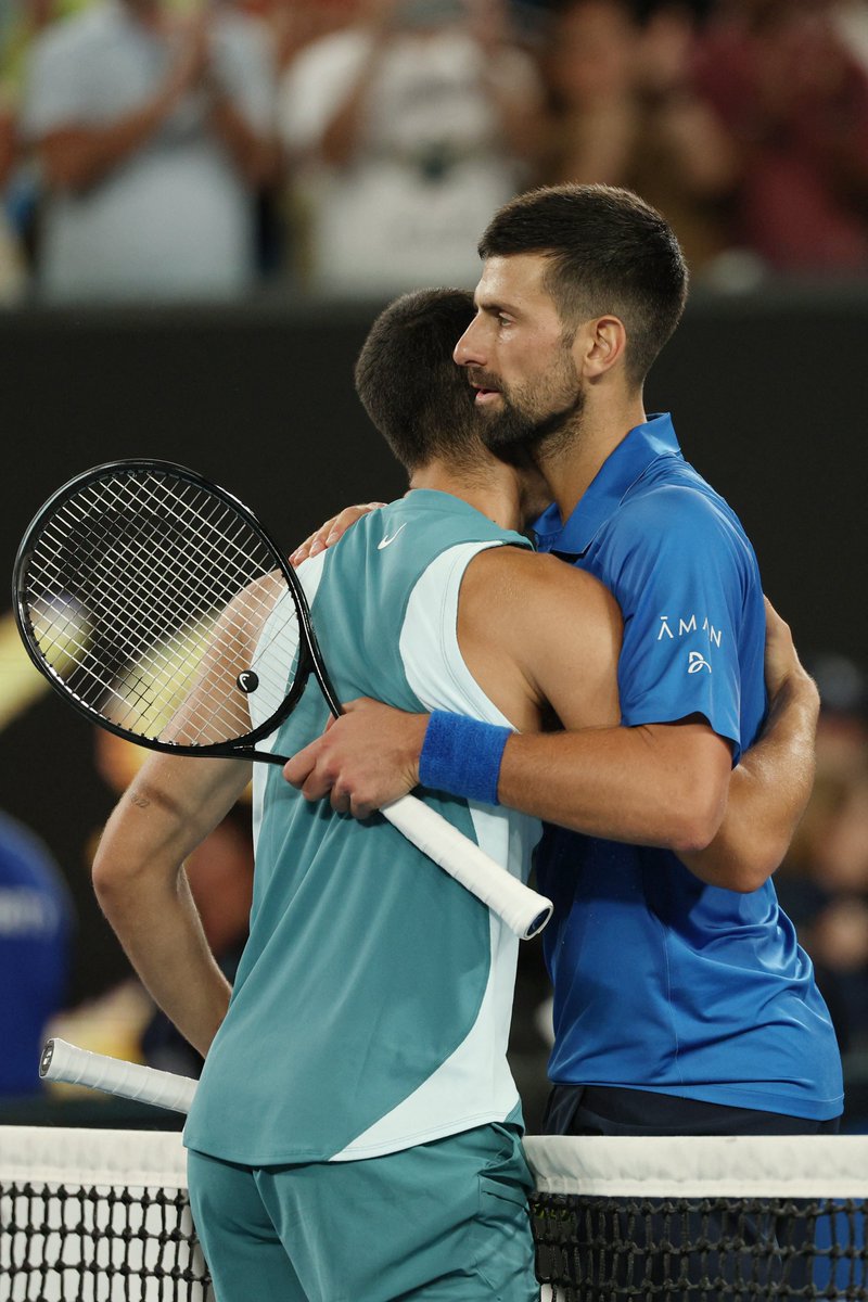 AustralianOpen's tweet photo. Two phenomenal players, one special rivalry ✨

Thank you for putting on a show for us, Carlos and Novak 🤝

#AO2025 https://t.co/6j31ApJE0E