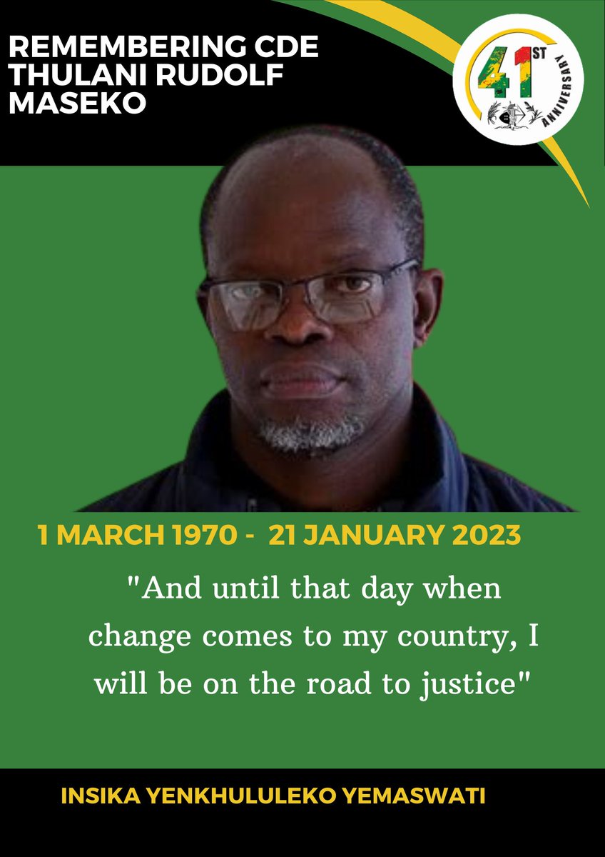 Today we remember Cde Thulani Rudolf Maseko, our former Secretary General who was assasinated at his home in front of his wife and children. Cde TR continues to inspire us to take the revolution to its logical conclusion.

We will make sure SG that ultimately justice is served.