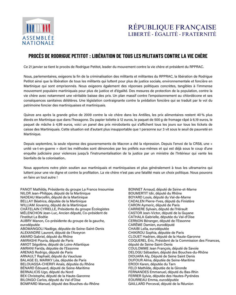 MathildePanot's tweet photo. 🔴 Alors que s’ouvre le procès de Rodrigue Petitot, président du RPPRAC, nous exigeons avec plus de 100 députés la fin de la criminalisation de l’immense mouvement populaire martiniquais contre la vie chère ainsi que la libération de tous les militants aujourd’hui emprisonnés. 

Plein soutien aux martiniquaises et martiniquais qui luttent pour la vie digne et contre la profitation !