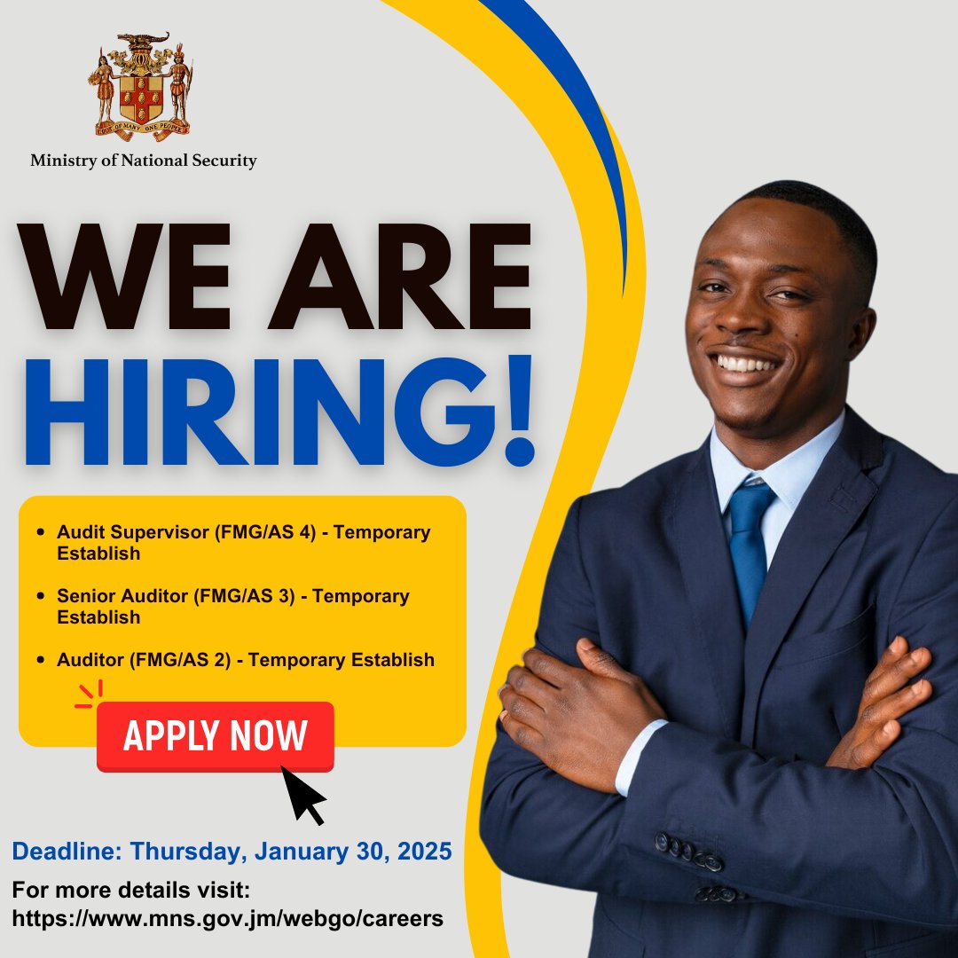 mnsgovjm's tweet photo. Job Opportunity 🗣🗣

The Ministry of National Security is seeking suitable candidates to fill the posts of:

✅Audit Supervisor (FMG/AS 4) 
✅Senior Auditor (FMG/AS 3) 
✅Auditor (FMG/AS 2) 

For more details visit https://t.co/lrXdBUoM3c
Application Deadline: January 30, 2025 https://t.co/nwi3dSA8n4