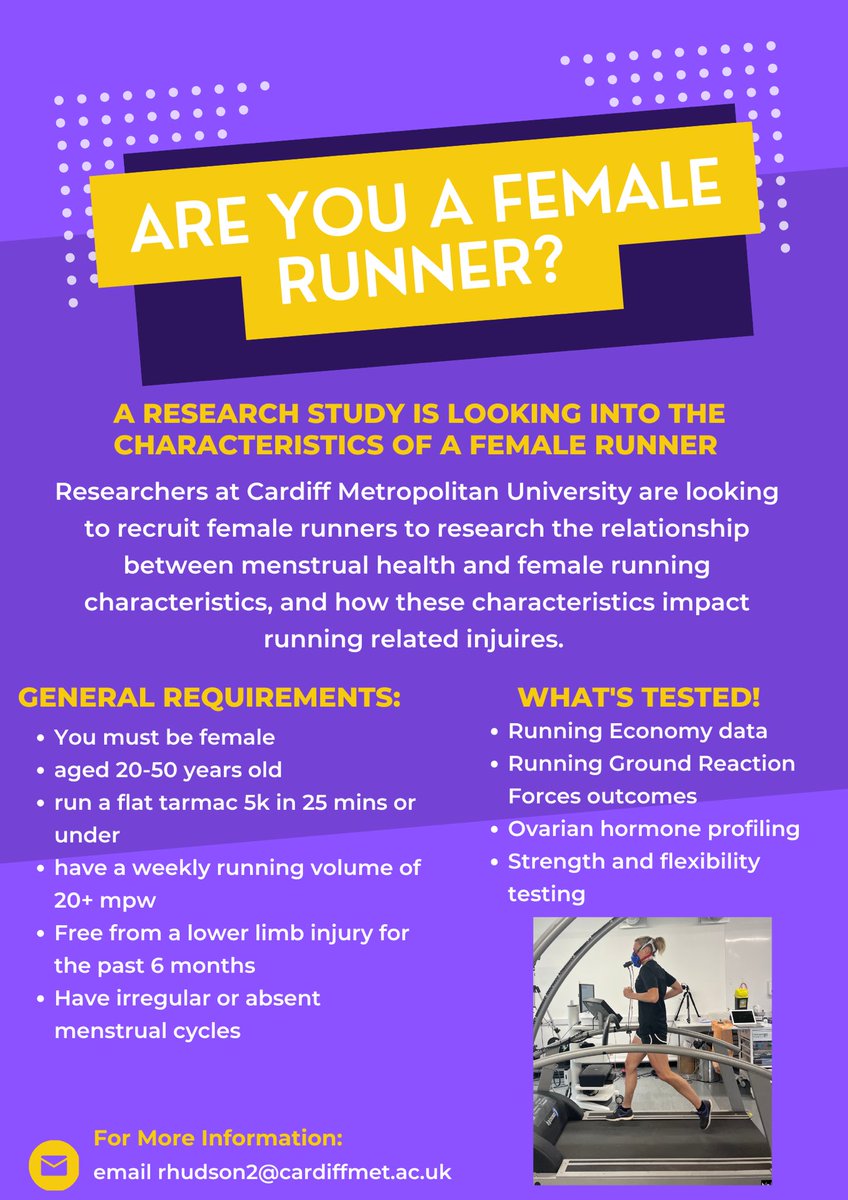Your local University needs you! Cardiff Met are looking to recruit female runners with irregular or absent menstruation in relation to risk factors for running related injuries. Please share amongst running groups in south wales! Diolch