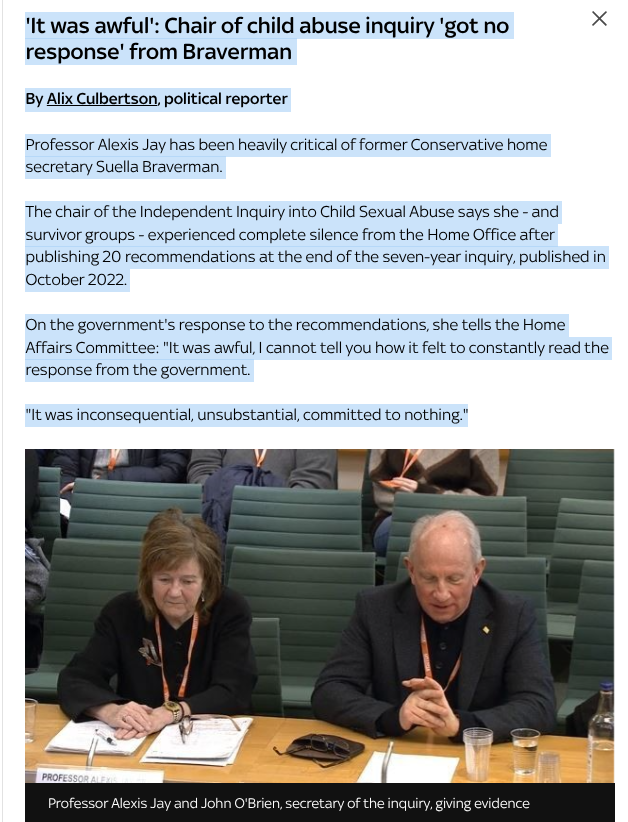 TeresaC123's tweet photo. 'It was awful': Chair of child abuse inquiry 'got no response' from Braverman. Professor Alexis Jay has been heavily critical of former Conservative home secretary Suella Braverman.

https://t.co/jI1ZukZxLz https://t.co/ggr9JJscO9