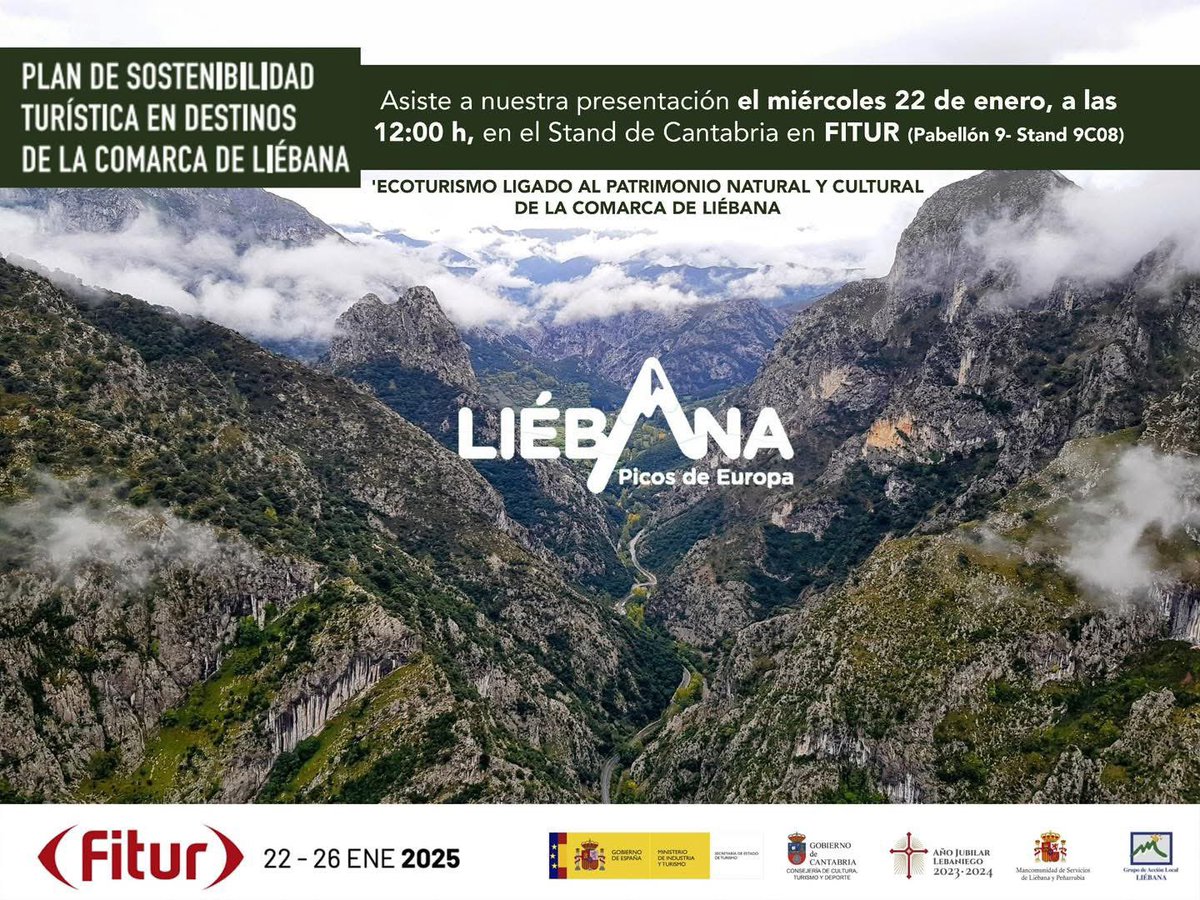 Pstliebana's tweet photo. 🌿 Liébana en FITUR: Ecoturismo y Sostenibilidad 🌍
Descubre el Plan de Sostenibilidad Turística de Liébana este miércoles 22 de enero en el stand de Cantabria (Pabellón 9 - 9C08), a las 12:00 h. Liébana apuesta por un el ecoturismo. #Liébana #FITUR2025 https://t.co/aMJ7M7ba0z