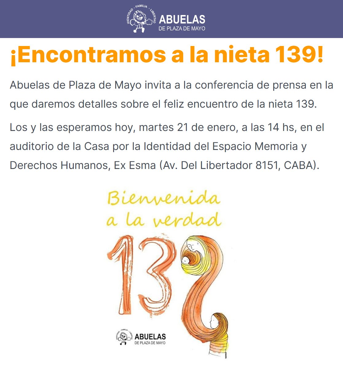 porquetendencia's tweet photo. "Abuelas de Plaza de Mayo":
Porque anunció el encuentro de la #Nieta139 https://t.co/NgNPTaGly7