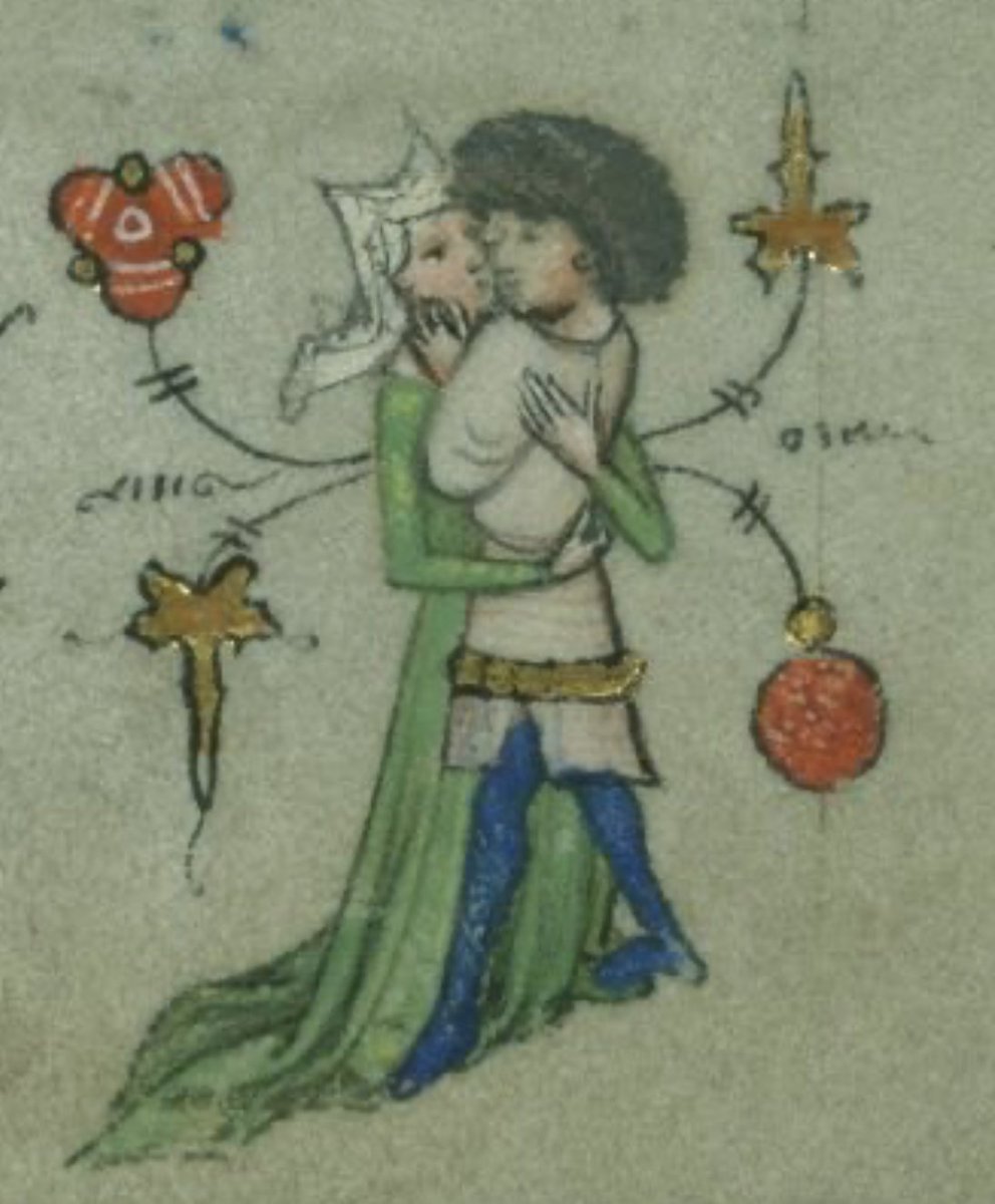 It's National Hugging Day! 🫂

To celebrate, here are a few examples of medieval hugs

First up we have a scene from an early fifteenth-century manuscript of a man and woman enjoying a rather close embrace

<a href="/MedievalMss/">Walters Manuscripts</a> (<a href="/walters_museum/">The Walters Art Museum</a>) MS W. 166, fol. 118r

🧵
1/