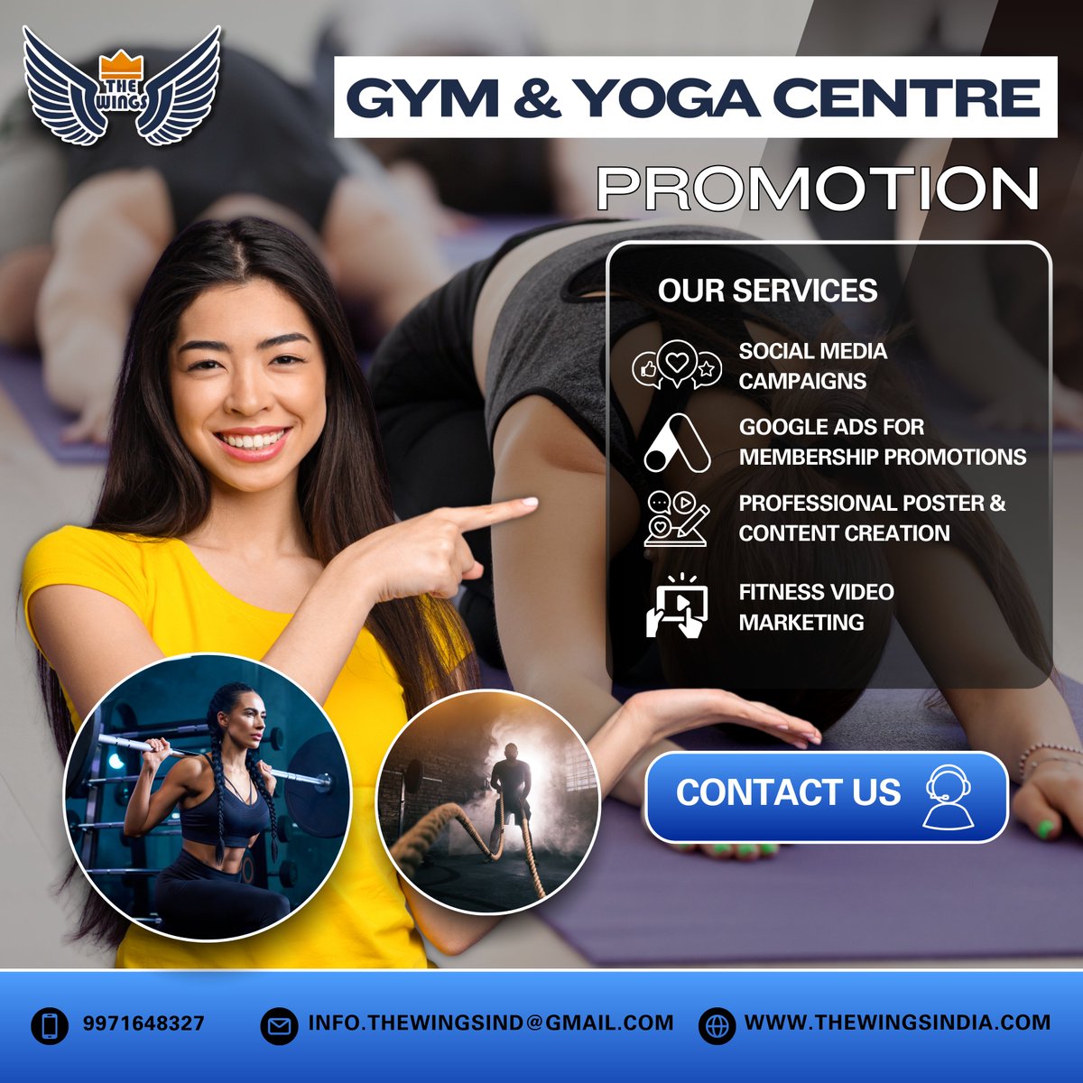 thewingsindia's tweet photo. 🏋️‍♂️ Transform your gym &amp; yoga center with The Wings India! 🚀
✅ Social Media Campaigns
✅ Stunning Visuals &amp; Videos
✅ Local Targeting &amp; Lead Generation
📞 Call: 9971648327 
🌐 Visit: https://t.co/b4yB21X8pa
#TheWingsIndia #FitnessMarketing #GrowYourGym #YogaPromotion https://t.co/A9QXlhuXc1