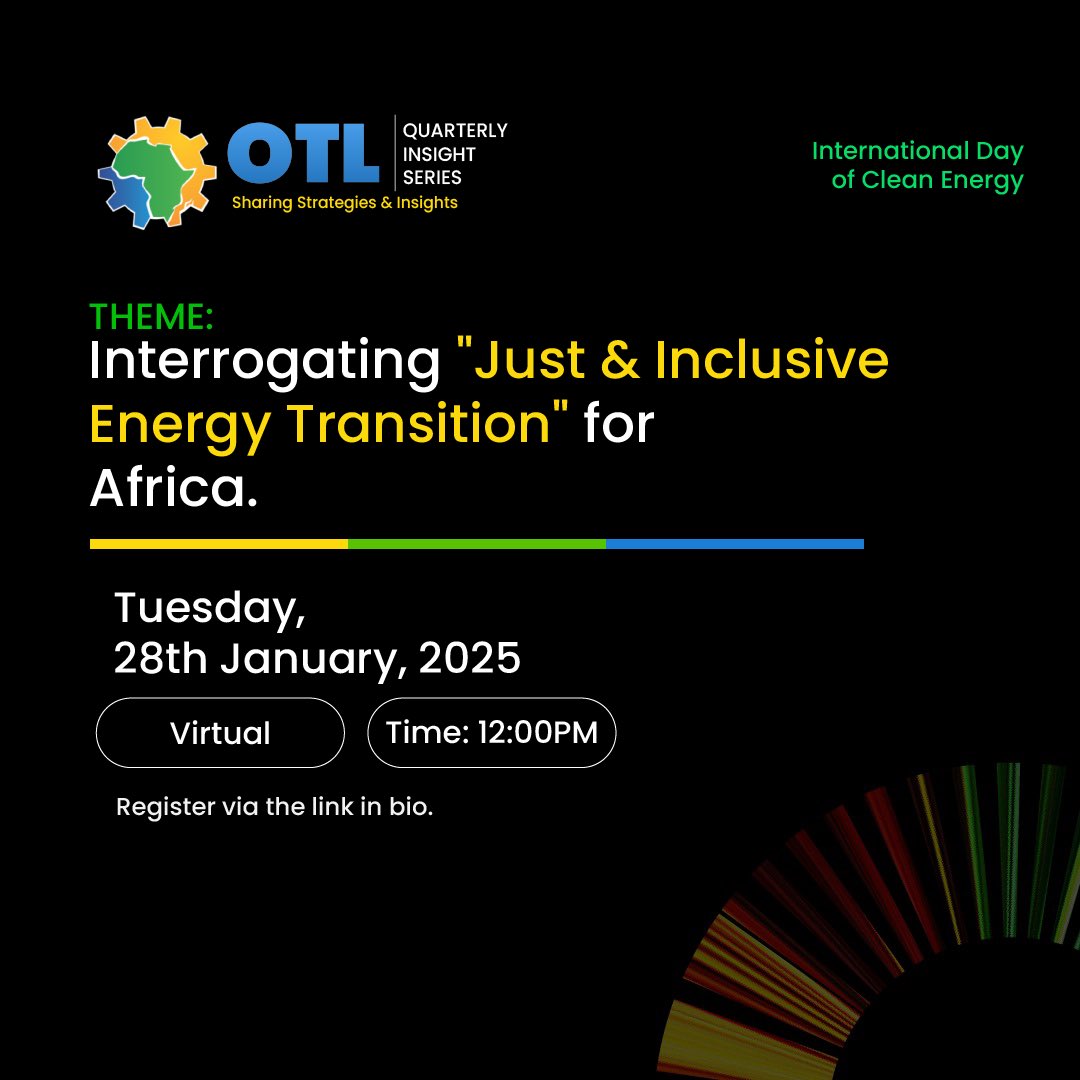 Introducing the first edition of the #OTLQuarterlyInsightSeries, where we bring you discussions around events shaping the Africa’s Downstream Energy Sector. 

Join us next Tuesday, 28th of January on Zoom at 12noon! 

To register: visit us06web.zoom.us/meeting/regist…

See you there!