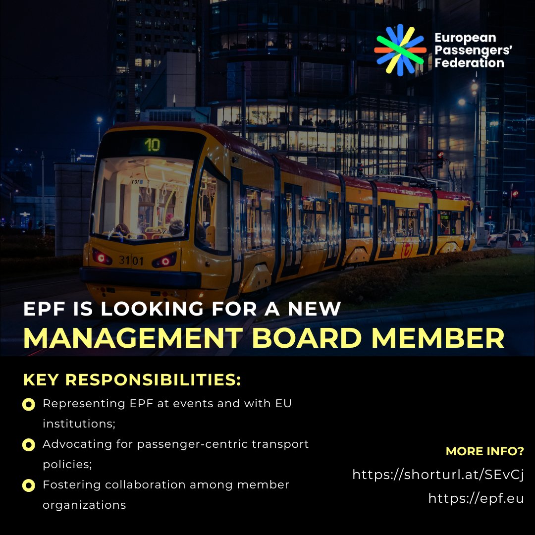 European Passengers' Federation (@eupassengers) on Twitter photo ๐๐๐จ๐ข๐ง ๐๐๐
๐๐๐ง๐๐ ๐๐ฆ๐๐ง๐ญ ๐๐จ๐๐ซ๐!
EPF, the voice of passengers across Europe, is seeking a Management Board Member to help shape the future of sustainable and inclusive transport.
๐งพRead the full vacancy announcement here: shorturl.at/SEvCj ๐๐๐จ๐ข๐ง ๐๐๐
๐๐๐ง๐๐ ๐๐ฆ๐๐ง๐ญ ๐๐จ๐๐ซ๐!
EPF, the voice of passengers across Europe, is seeking a Management Board Member to help shape the future of sustainable and inclusive transport.
๐งพRead the full vacancy announcement here: shorturl.at/SEvCj