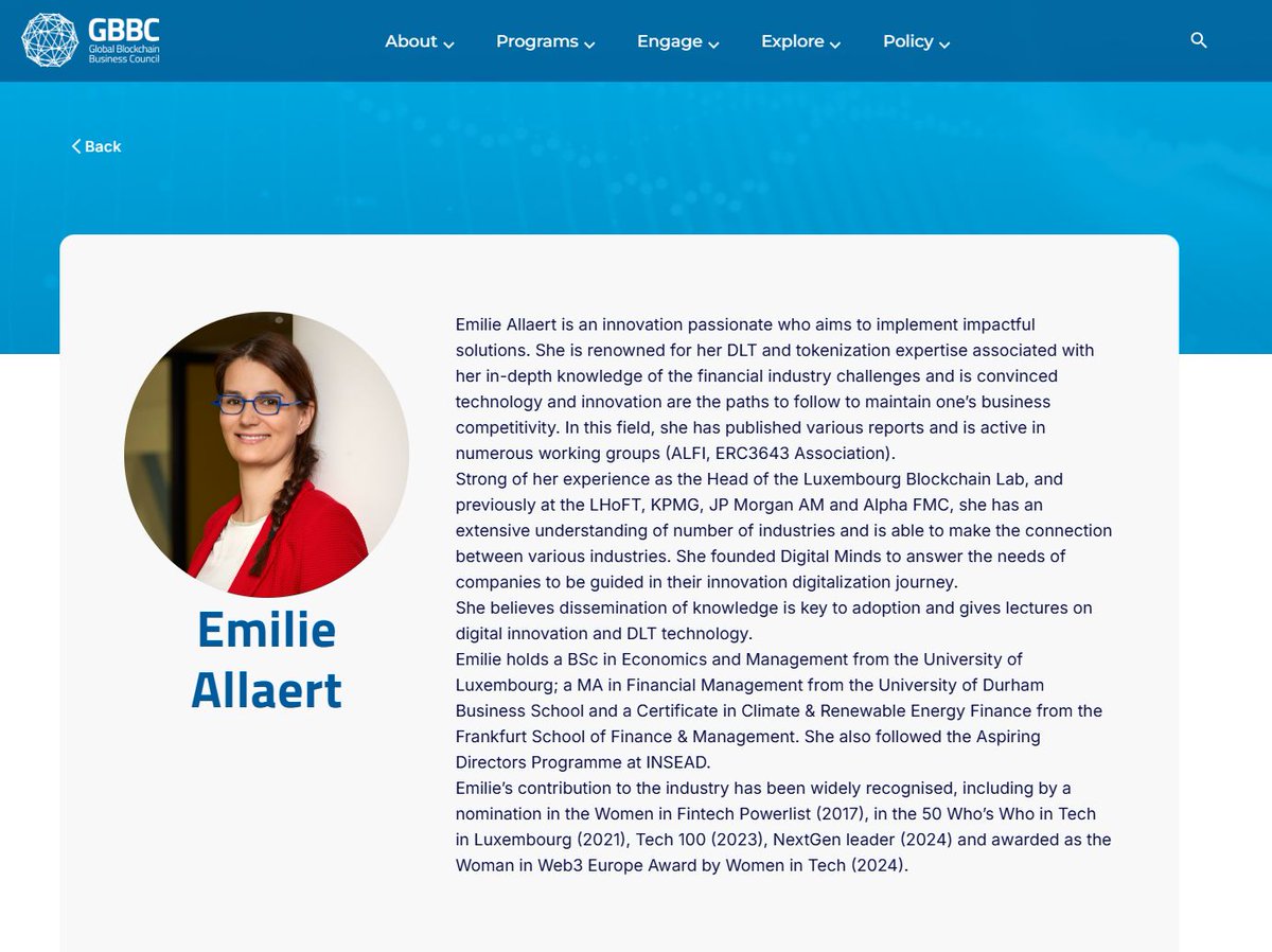 Congratulations to our Head, <a href="/emyallaert/">Emilie Allaert</a>, on her prestigious nomination as a #GBBC Ambassador for 2025, proudly representing 🇱🇺#Luxembourg! 👏

💡 As a <a href="/GBBCouncil/">Global Blockchain Business Council (GBBC)</a> Ambassador, Emilie provides invaluable guidance &amp; assistance on how to engage with diverse local communities.