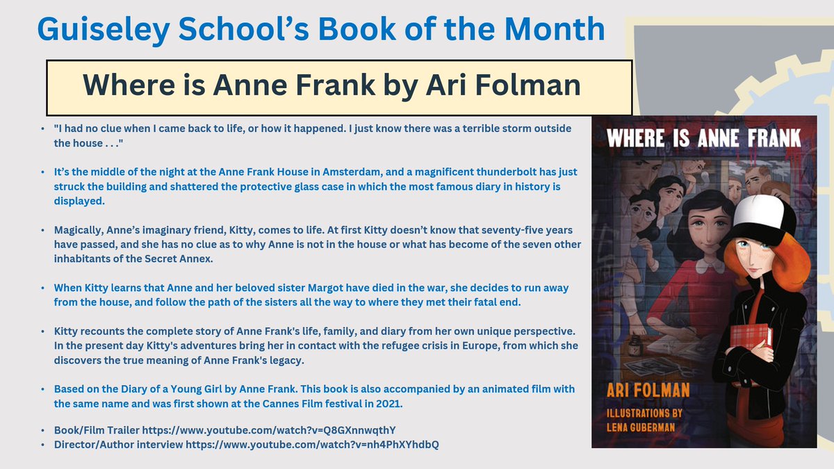 guiseleyschool's tweet photo. January's Book of the Month is Where is Anne Frank by Ari Folman. Based on the Diary of a Young Girl by Anne Frank.
This book is also accompanied by an animated film with the same name and was first shown at the Cannes Film festival in 2021.
Join us and read along! https://t.co/8dzVd3Pvd2