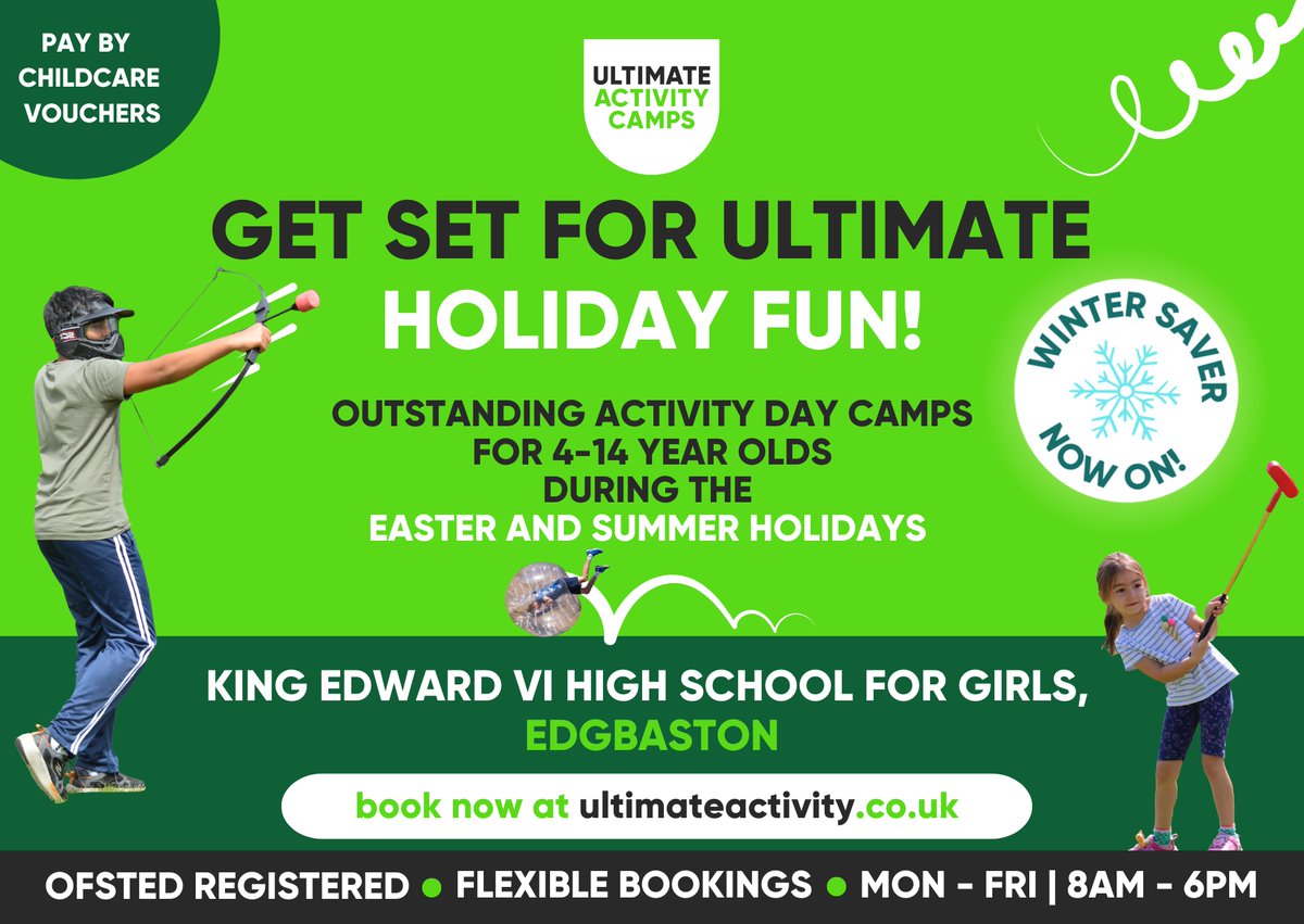 Ultimate Activity Camps (@ult_activity) on Twitter photo ⏰Our Winter Saver ends TONIGHT!⏰
Ultimate Activity Camps are returning to
<a href="/KEHSBham/">King Edward VI High School for Girls</a> this Easter & Summer! 🤸🤸♂️
Children aged 4-14 can make new friends and enjoy over 40 sports, games, and creative activities each week. Book now to save👉bit.ly/3Y2HLPe ⏰Our Winter Saver ends TONIGHT!⏰
Ultimate Activity Camps are returning to
<a href="/KEHSBham/">King Edward VI High School for Girls</a> this Easter & Summer! 🤸🤸♂️
Children aged 4-14 can make new friends and enjoy over 40 sports, games, and creative activities each week. Book now to save👉bit.ly/3Y2HLPe