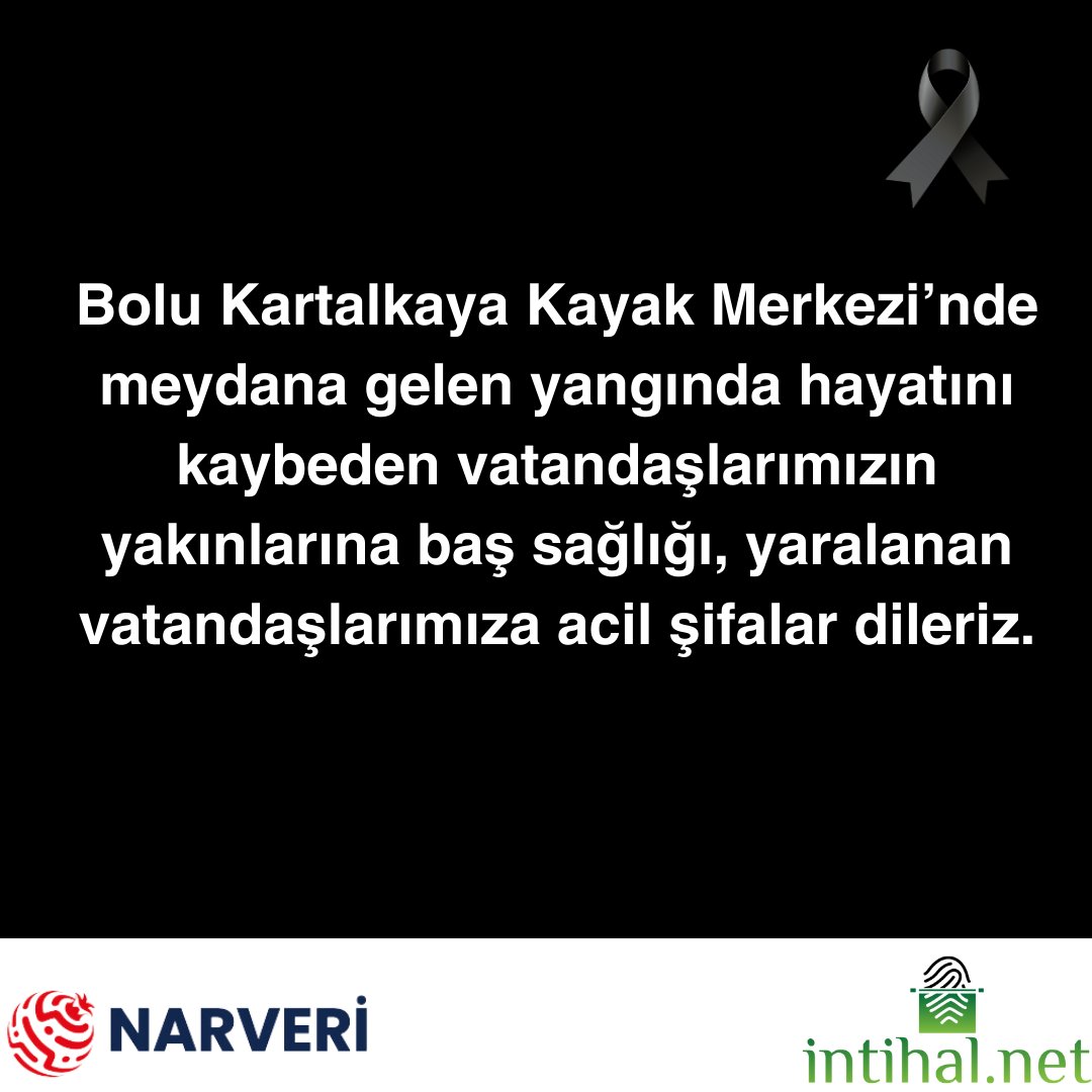 Bolu Kartalkaya Kayak Merkezi’nde meydana gelen yangında hayatını kaybeden vatandaşlarımızın yakınlarına baş sağlığı, yaralanan vatandaşlarımıza acil şifalar dileriz.
#intihalnet