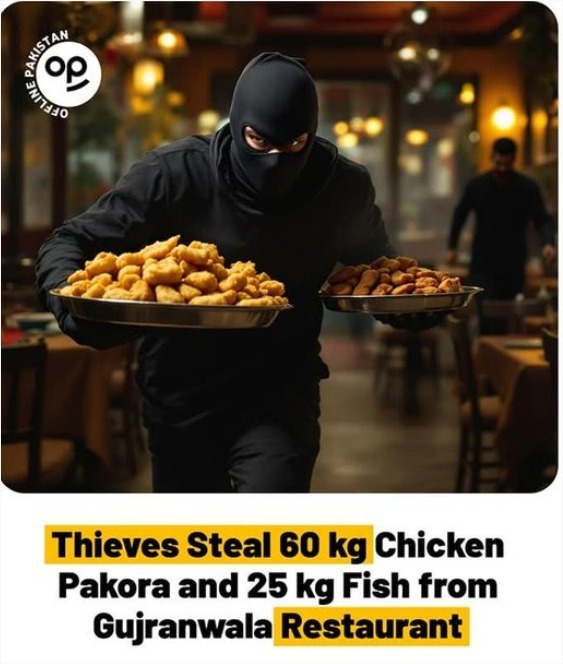 Kashmir_Fact's tweet photo. Only in #Pakistan: Thieves steal 60kg chicken pakora and 25kg fish from a Gujranwala restaurant.
When the system fails, desperation rises. Who’s responsible for a state where people are forced into such acts just to survive?
#PakistanFails #Corruption #failure #PakistanUnderMilitaryFascism #FALXPAD