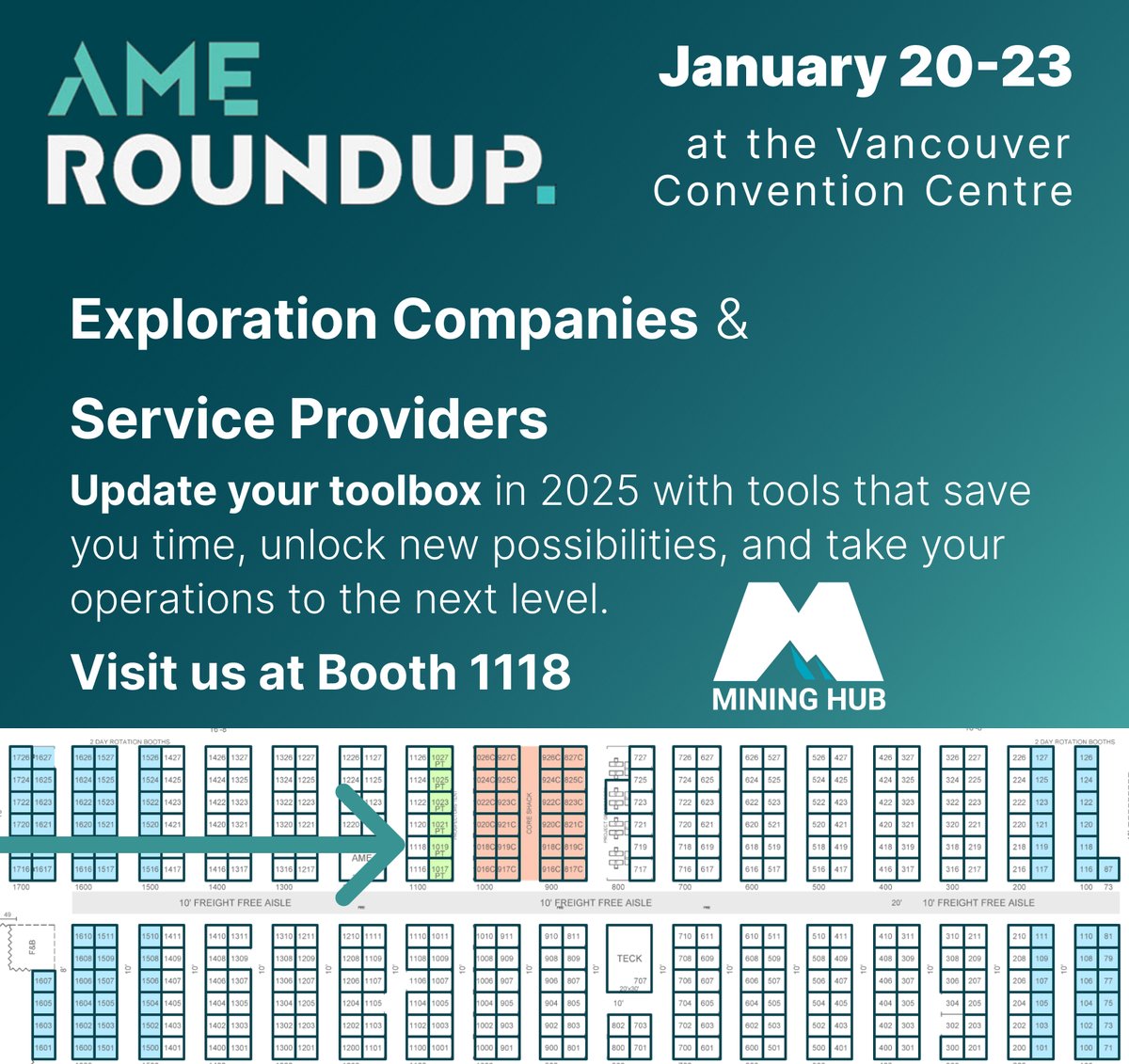 Mining_Hub_'s tweet photo. Stop by Booth 1118 for a live demo of Mining Hub’s game-changing tools!
🔧 Save time
🌟 Unlock opportunities
🚀 Take your operations to the next level
📍 Find us on the floor map below—don’t miss out!
#MiningInnovation #MiningHub https://t.co/PYMjL1RFeW