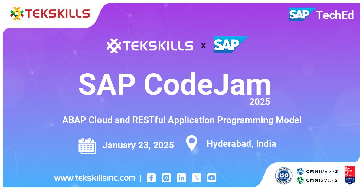 tekskillsinc's tweet image. Exciting News!
#Tekskills is hosting SAP CodeJam on 23rd January!
A day of coding, learning, and networking.
Focus: ABAP Cloud & RAP
Featuring: Developer Advocates Sheena MK and Shilpa Shankar
Thanks to @SAP , for this exceptional collaboration!
#SAPCodeJam #ABAPCloud #RAP