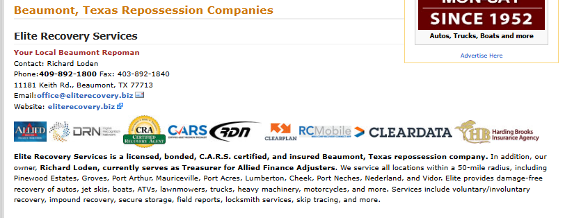 TajLong's tweet photo. Good Morning! This morning, my Repossession Agency Spotlight is on: ***ELITE RECOVERY SERVICES 409-892-1800***a BEAUMONT, TEXAS-based REPOSSESSION AGENCY and Member, ALLIED FINANCE ADJUSTERS Taj Told You on the Top-Ranking Repo Directory. https://t.co/BAT89sUI4t