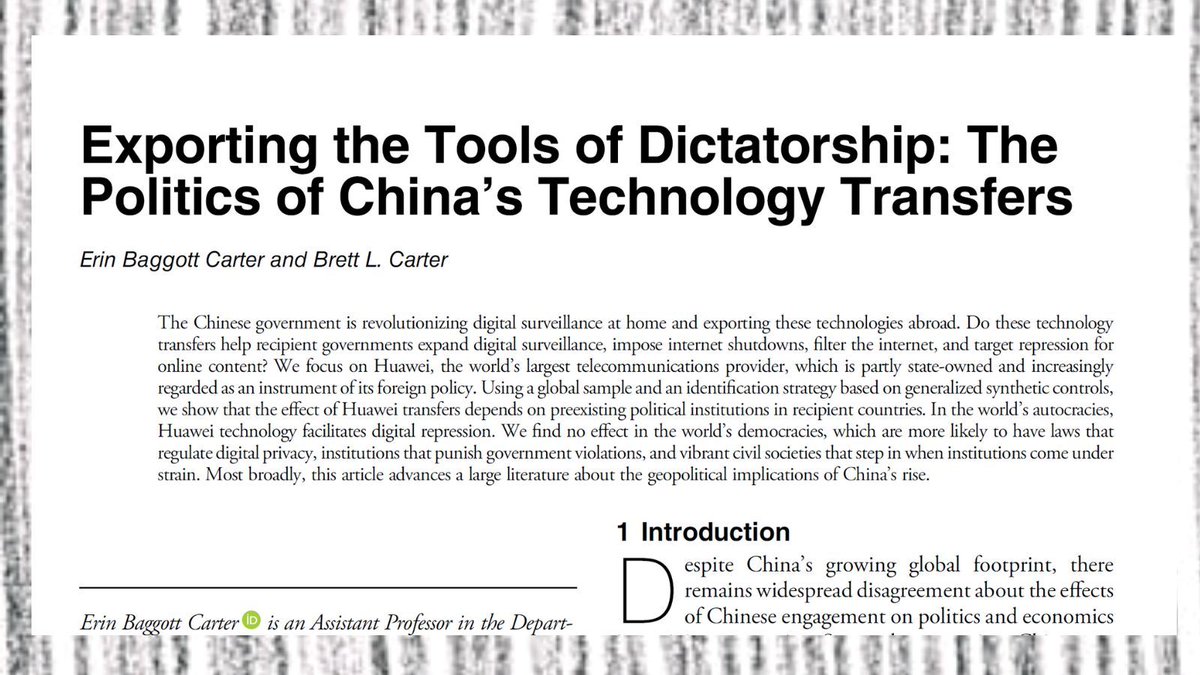 PoPpublicsphere's tweet photo. NOW OUT ON FIRSTVIEW!

Exporting the Tools of #Dictatorship: The Politics of #China’s #Technology #Transfers
https://t.co/K9ZYEdX1tF

By @baggottcarter &amp; @brett_l_carter https://t.co/RxWRRaKYEw