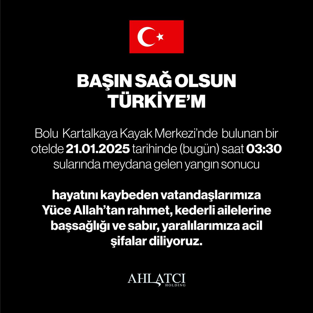 Milletçe Acımız Çok Büyük.

Bolu Kartalkaya’da meydana gelen otel yangınında hayatını kaybeden vatandaşlarımıza Allah’tan rahmet, yaralılarımıza acil şifalar diliyoruz. Acılı ailelerimizin ve tüm milletimizin başı sağ olsun. #bolukartalkaya