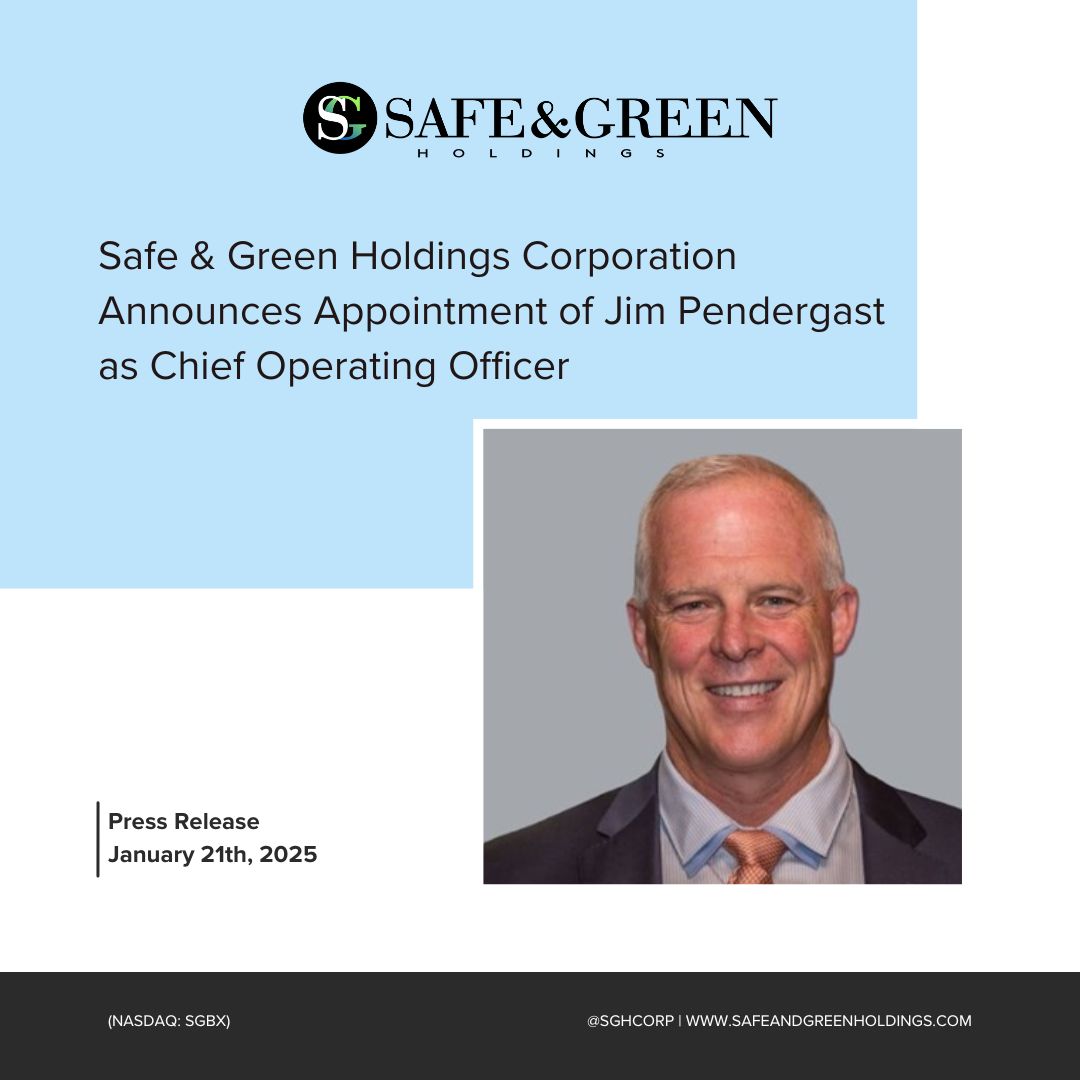 Safe &amp; Green Holdings welcomes Jim Pendergast as COO! With 25+ years of expertise, he’s set to drive growth and innovation. Read more in our latest press release. ir.safeandgreenholdings.com/news-events/pr…

#SGBX #Leadership #Innovation