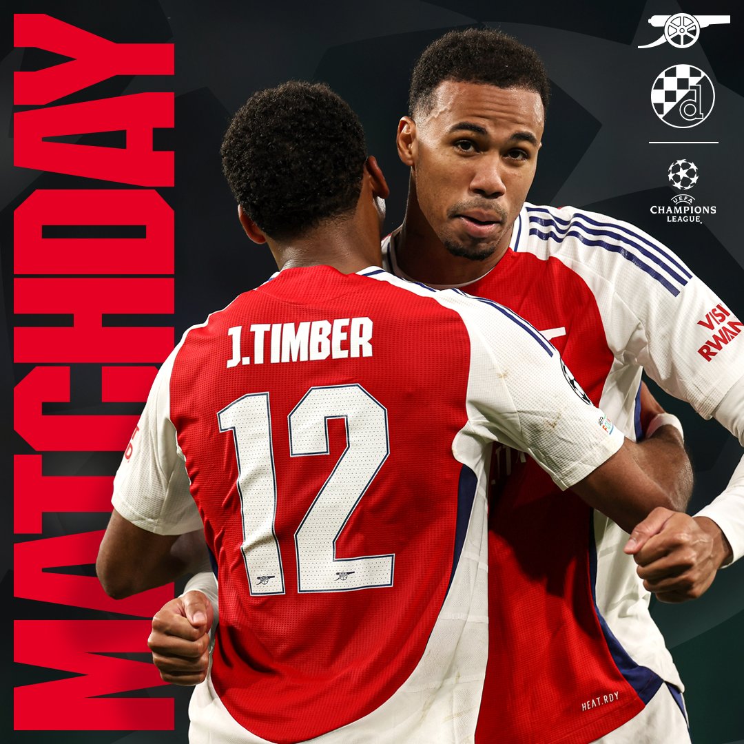 Arsenal's tweet photo. 🔴 𝗠𝗔𝗧𝗖𝗛𝘿𝘼𝙔 ⚪️

🆚 Dinamo Zagreb
🕗 8pm (UK)
🏆 Champions League
🏟 Arsenal Stadium https://t.co/n42ZU5FX3F
